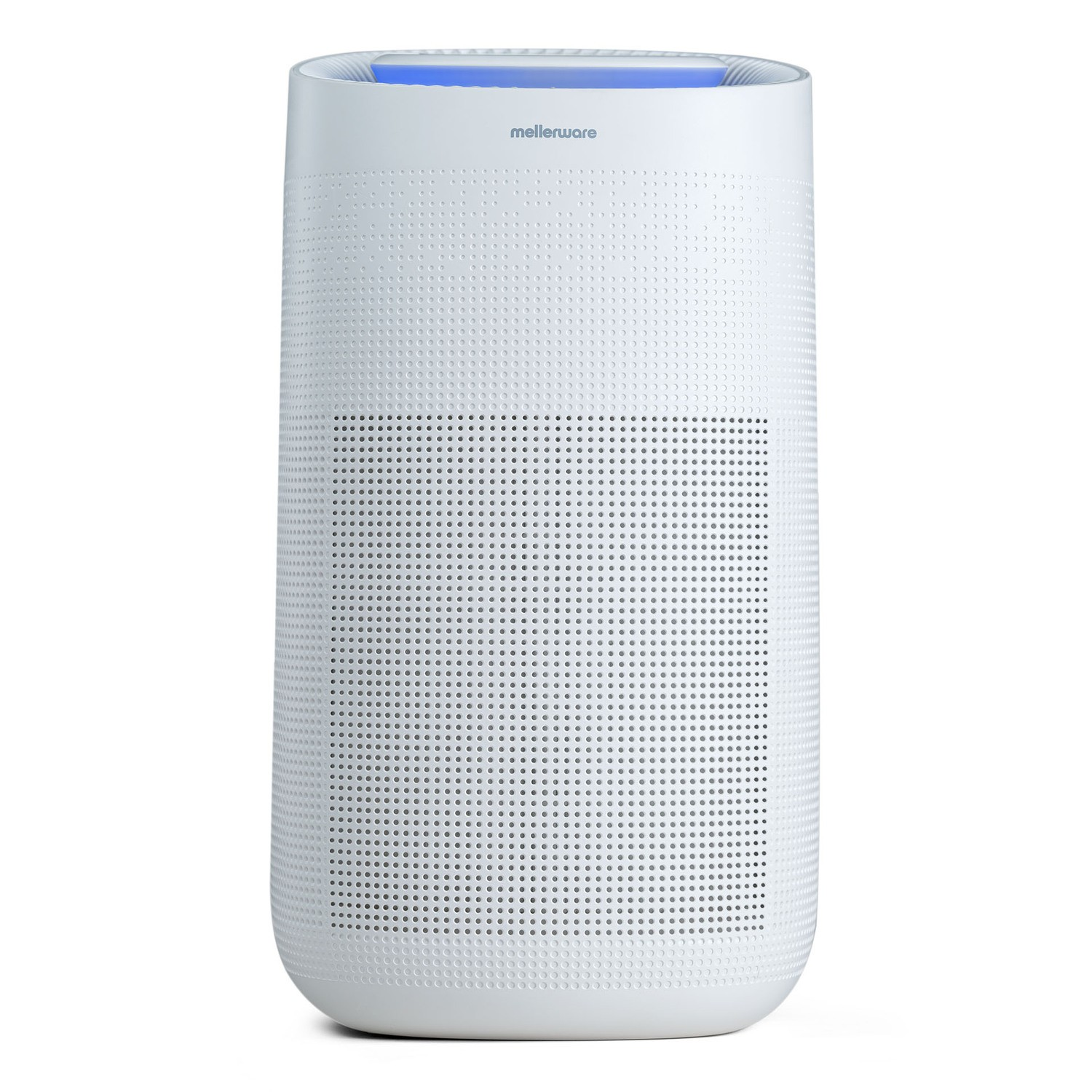 Un purificador de aire blanco Mellerware con rejilla perforada y luz azul en la parte superior sobre fondo blanco.