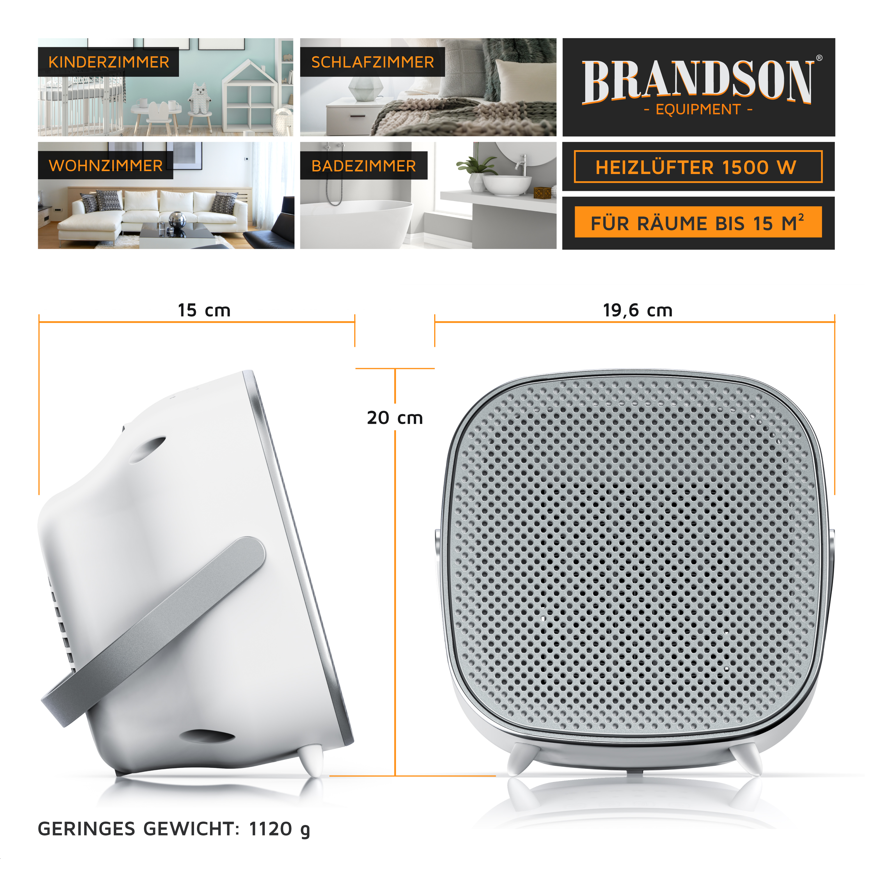 Produktgrafik des Brandson Heizlüfters mit Maßen 15x19,6x20 cm, Gewicht 1120g und Anwendungsbeispielen.