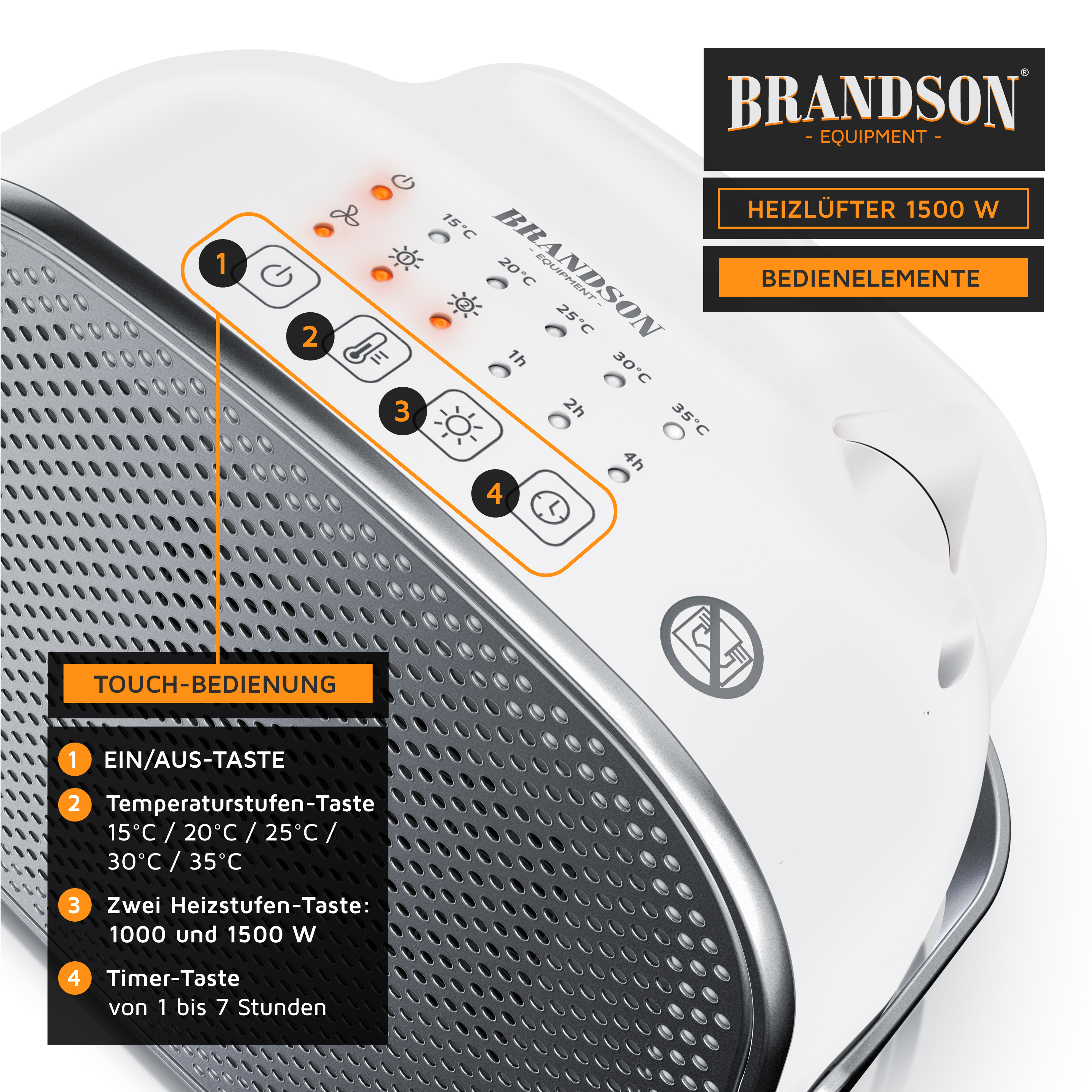 Bedienfeld eines Brandson 1500W Heizlüfters mit Touch-Tasten für Leistung, Temperatur, Heizstufen und Timer.