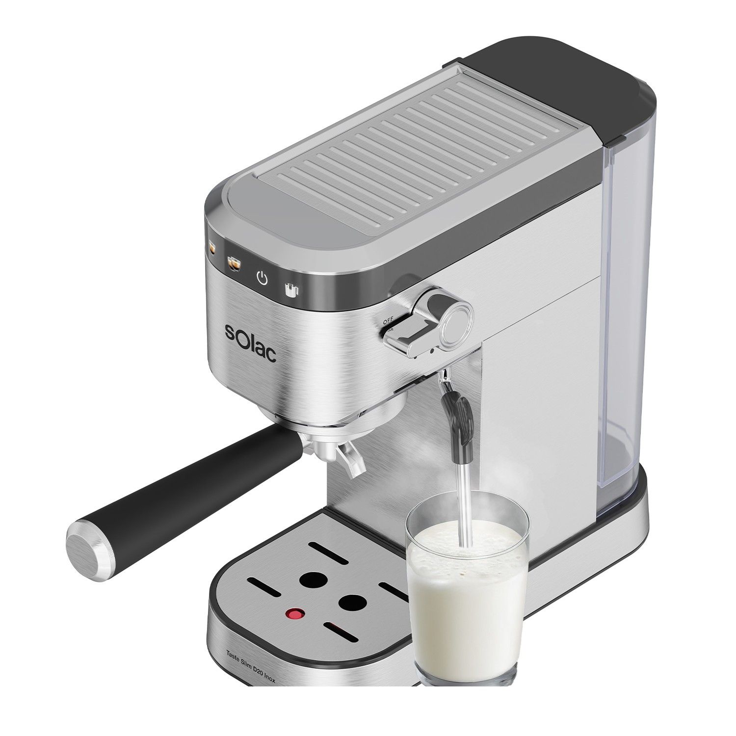Cafetera Solac plateada espumando leche en un vaso con tubo de vapor.