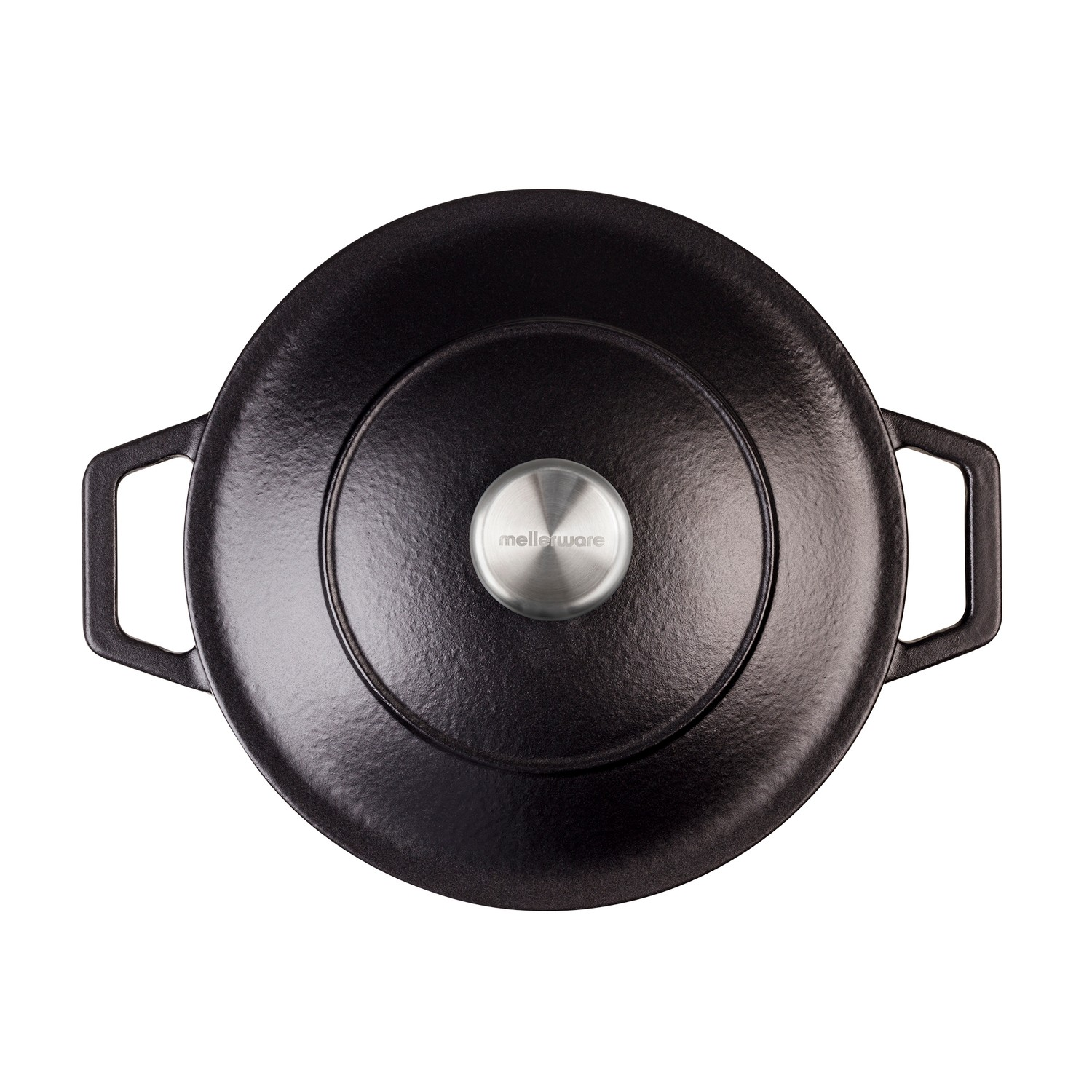 Vista superior de una olla de hierro fundido negra con dos asas y un pomo plateado de Mellerware.