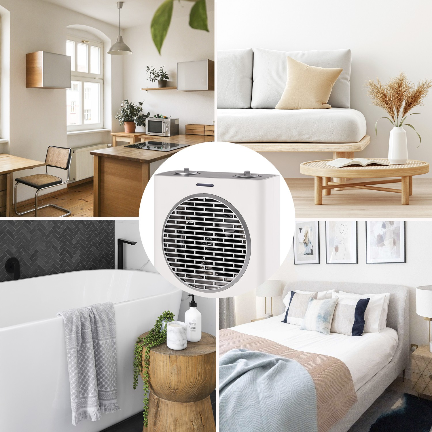 Un calefactor blanco se centra sobre un fondo de una sala, cocina, baño y dormitorio luminosos.