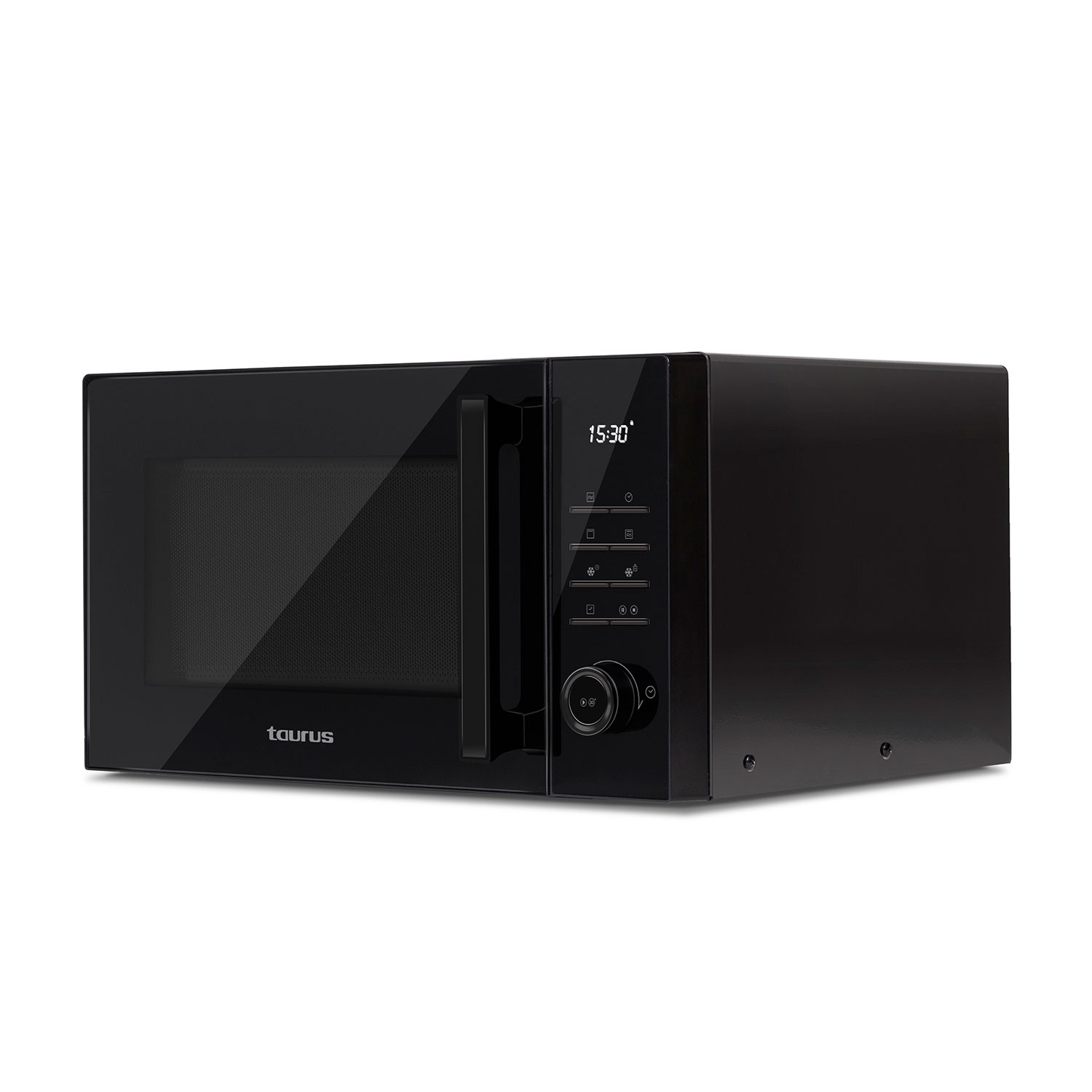Microondas negro Taurus con pantalla digital que muestra las 15:30 y un mando de control sobre fondo blanco.