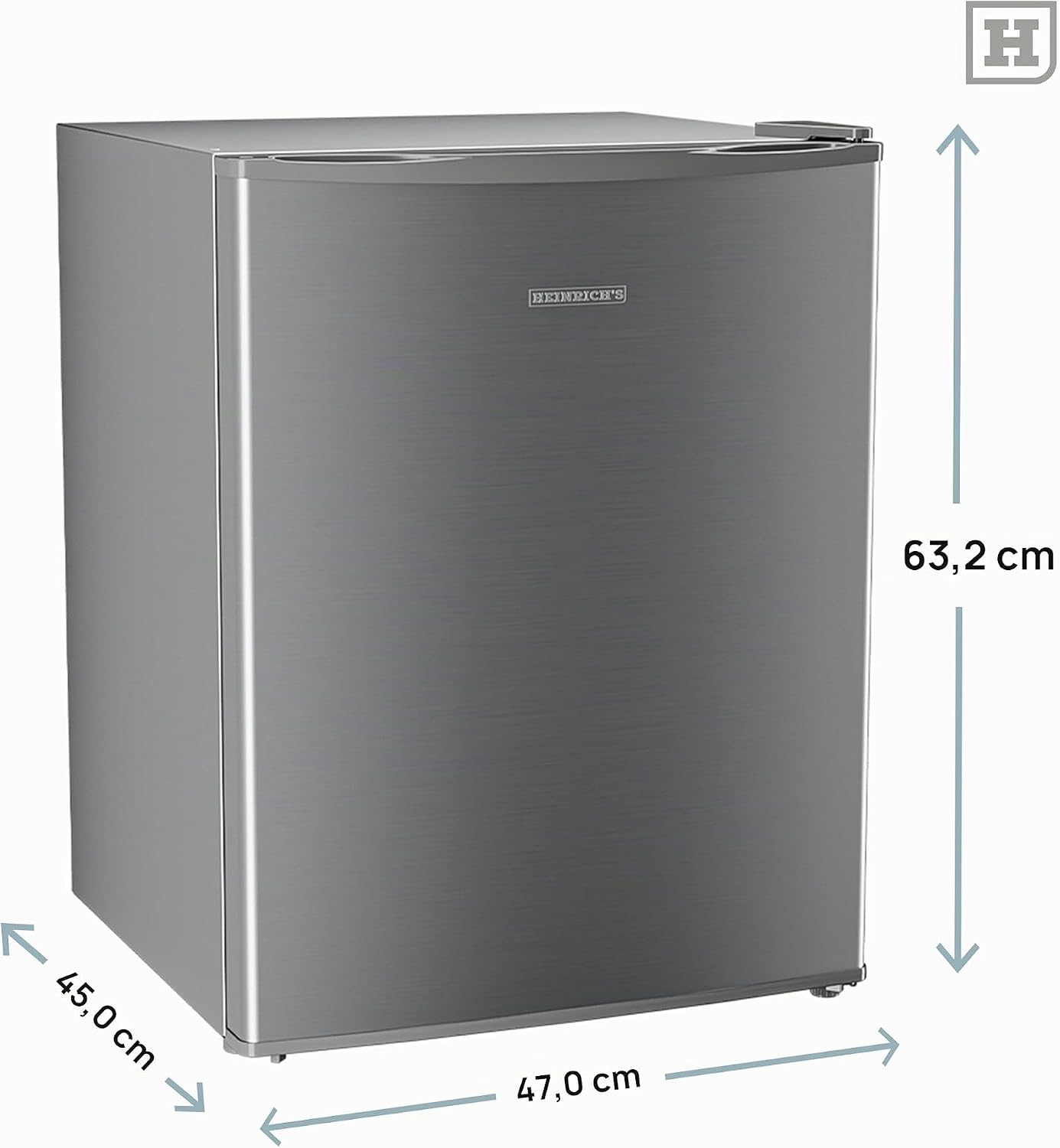 Kompakter silberner Tischkühlschrank mit Maßen: 63,2 cm Höhe, 47,0 cm Breite, 45,0 cm Tiefe.