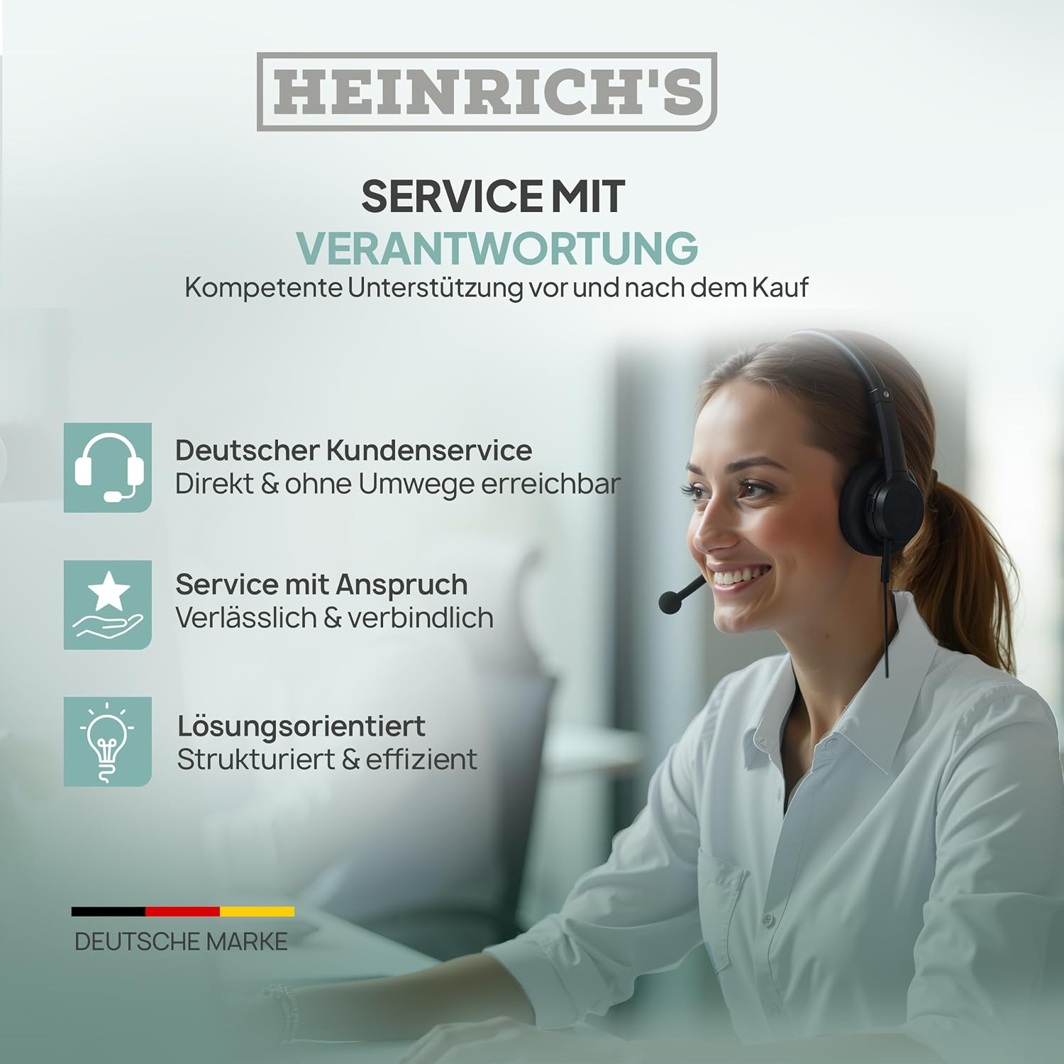 Lächelnte Kundendienstmitarbeiterin mit Headset, flankiert von Werbetexten und Symbolen auf hellem Hintergrund.