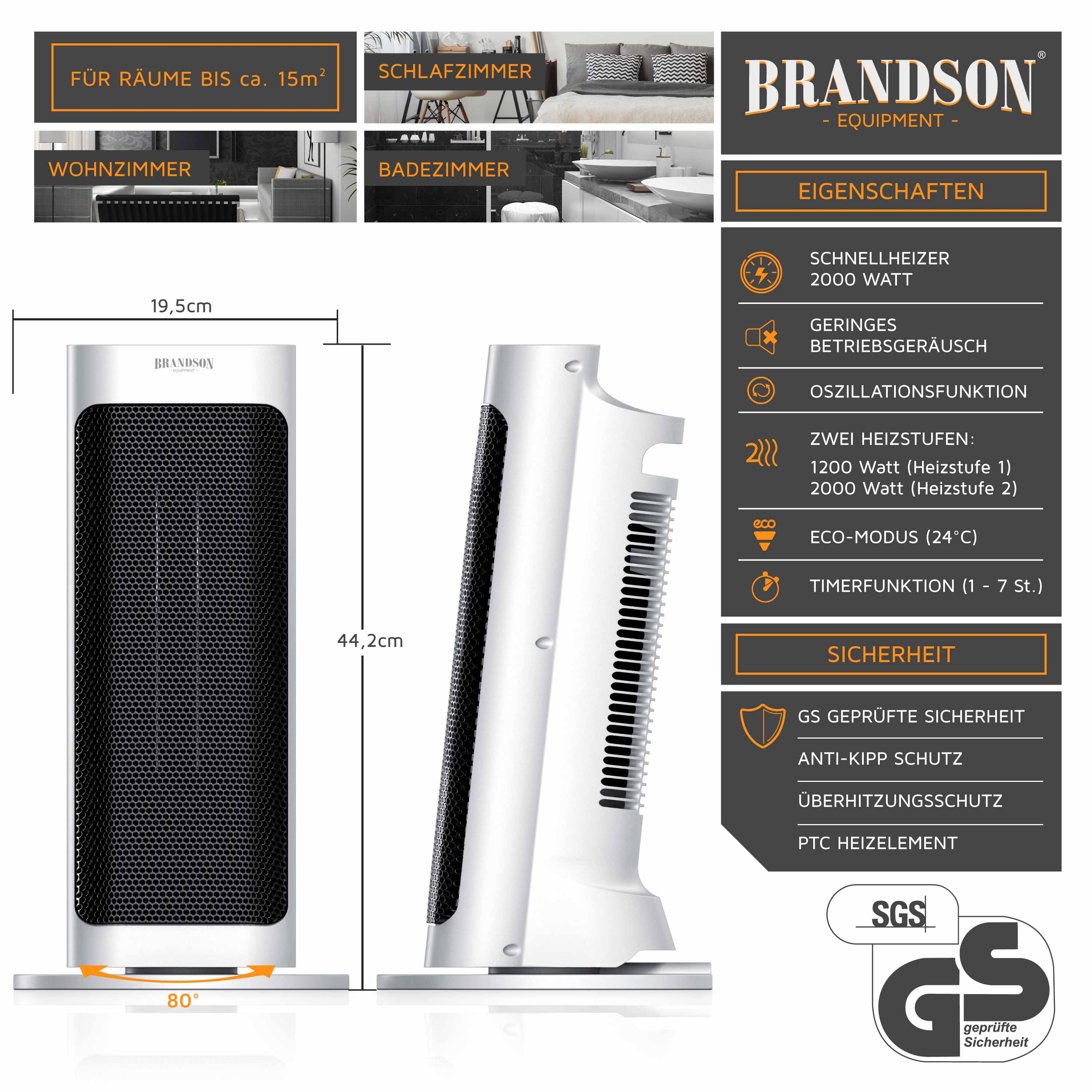 Brandson Keramik-Heizlüfter Maße, Eigenschaften, Sicherheit und Anwendungsbereiche in einer Infografik.