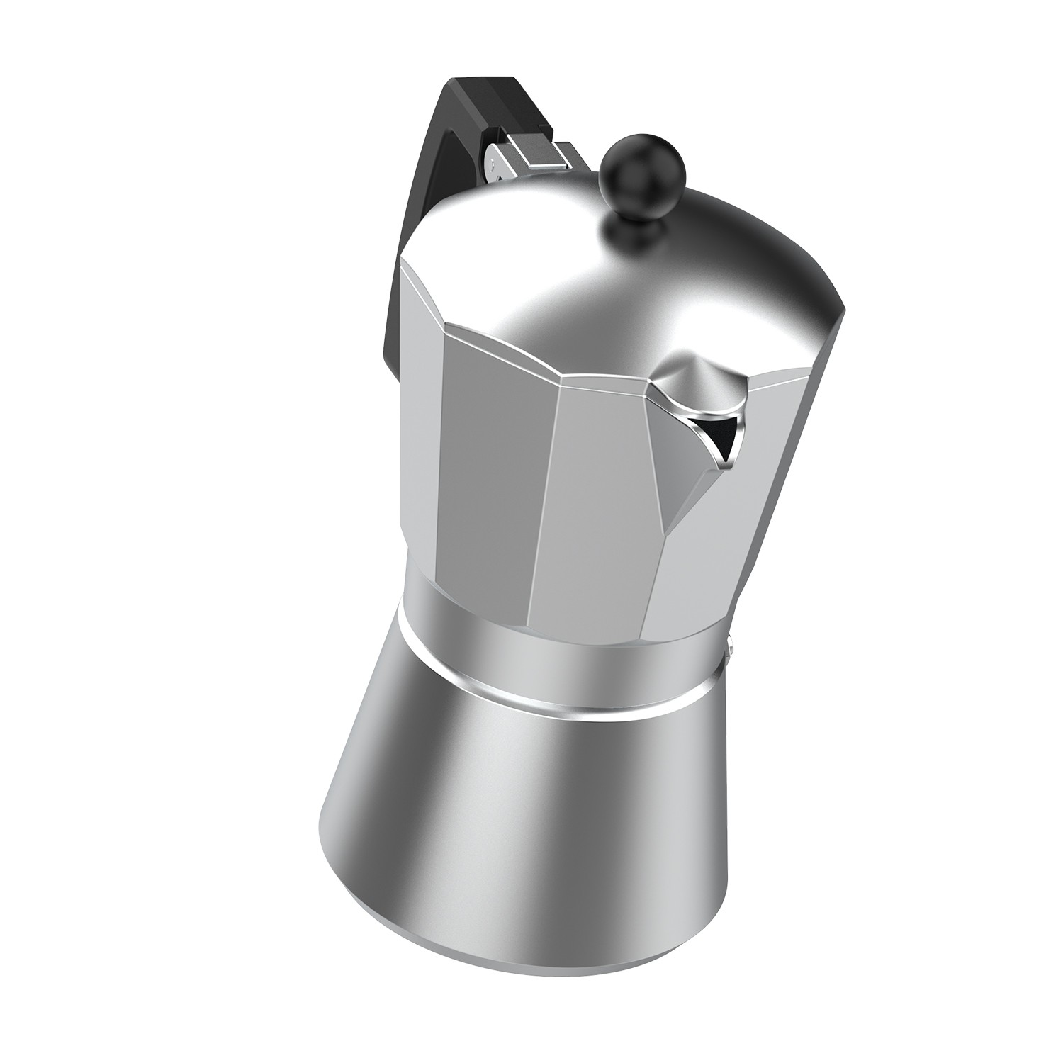 Una cafetera moka de metal plateado con mango negro sobre fondo blanco.