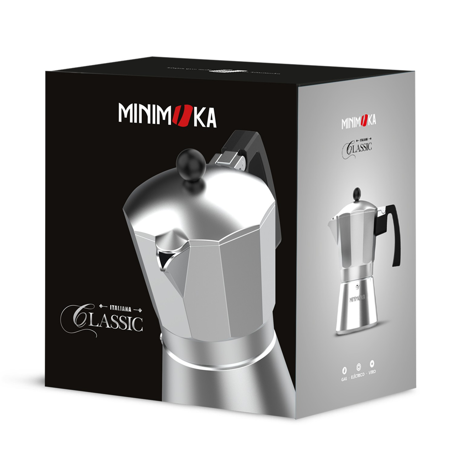 Caja de cafetera Minimoka Classic que muestra la cafetera plateada sobre fondo negro y gris.
