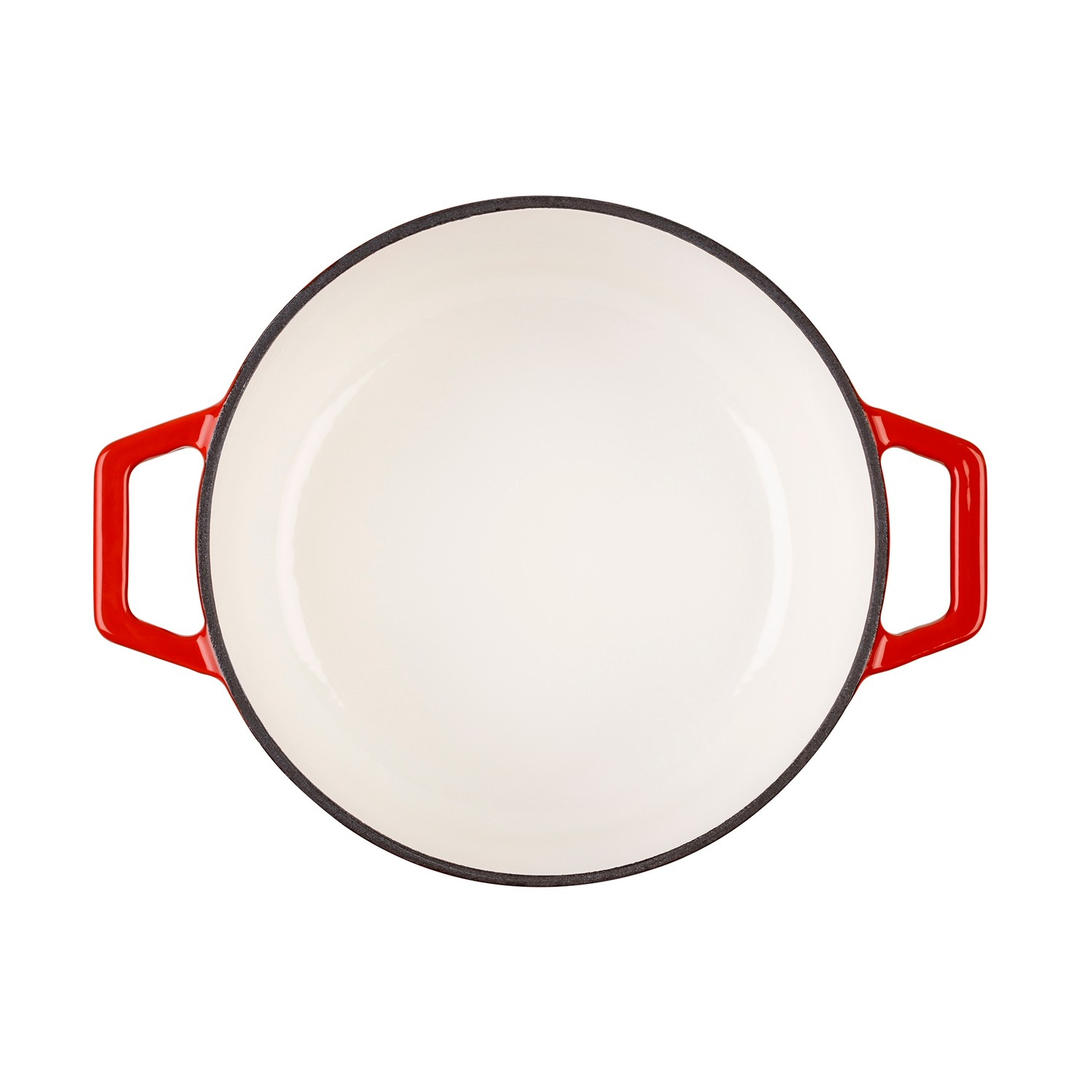Vista cenital de una olla redonda de hierro fundido rojo con interior crema y dos asas, sobre fondo blanco.