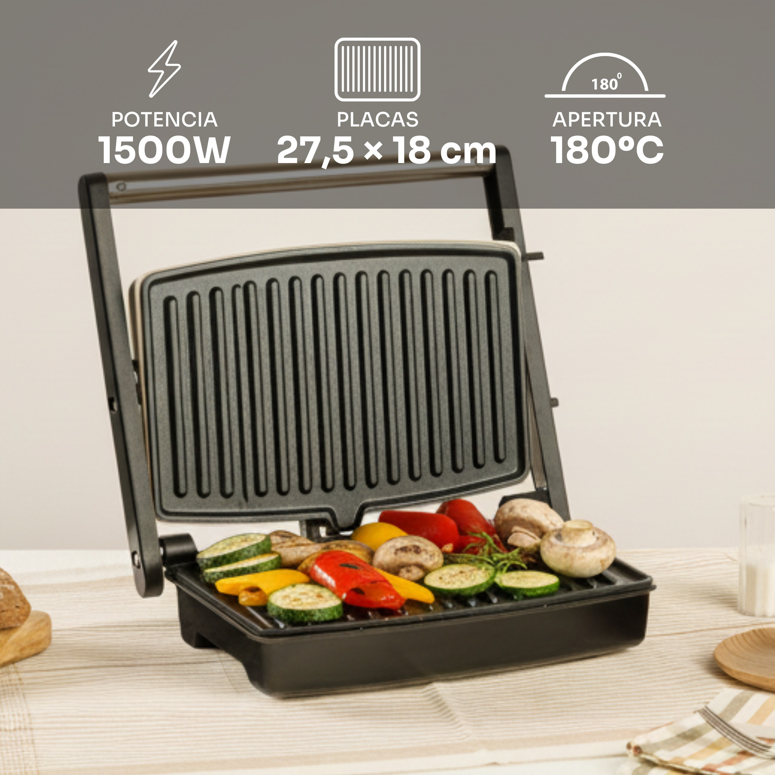 Una parrilla eléctrica de 1500W, placas de 27,5x18cm y apertura de 180 grados cocina verduras y champiñones.