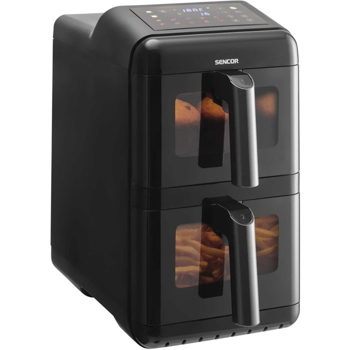 Una friggitrice ad aria nera Sencor a doppio cestello con pannello di controllo digitale e finestre.