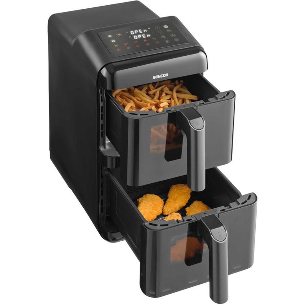 Friggitrice ad aria nera Sencor a due cassetthi con patatine e nuggets su sfondo bianco.