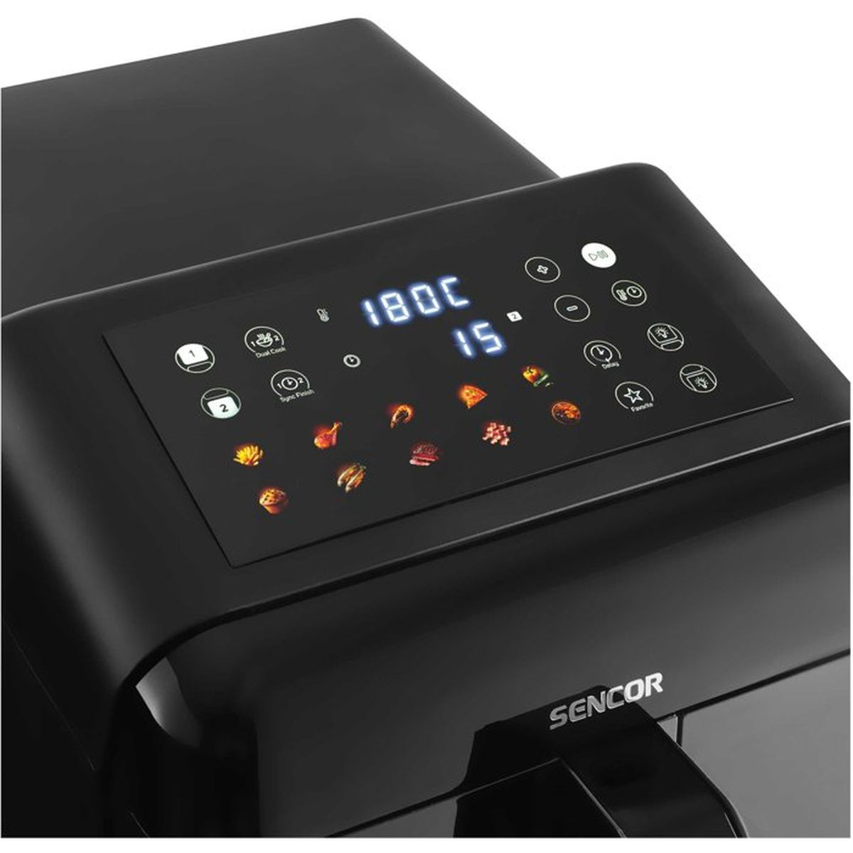 Friggitrice ad aria nera con display touch digitale che mostra temperatura, tempo e icone di cibo.