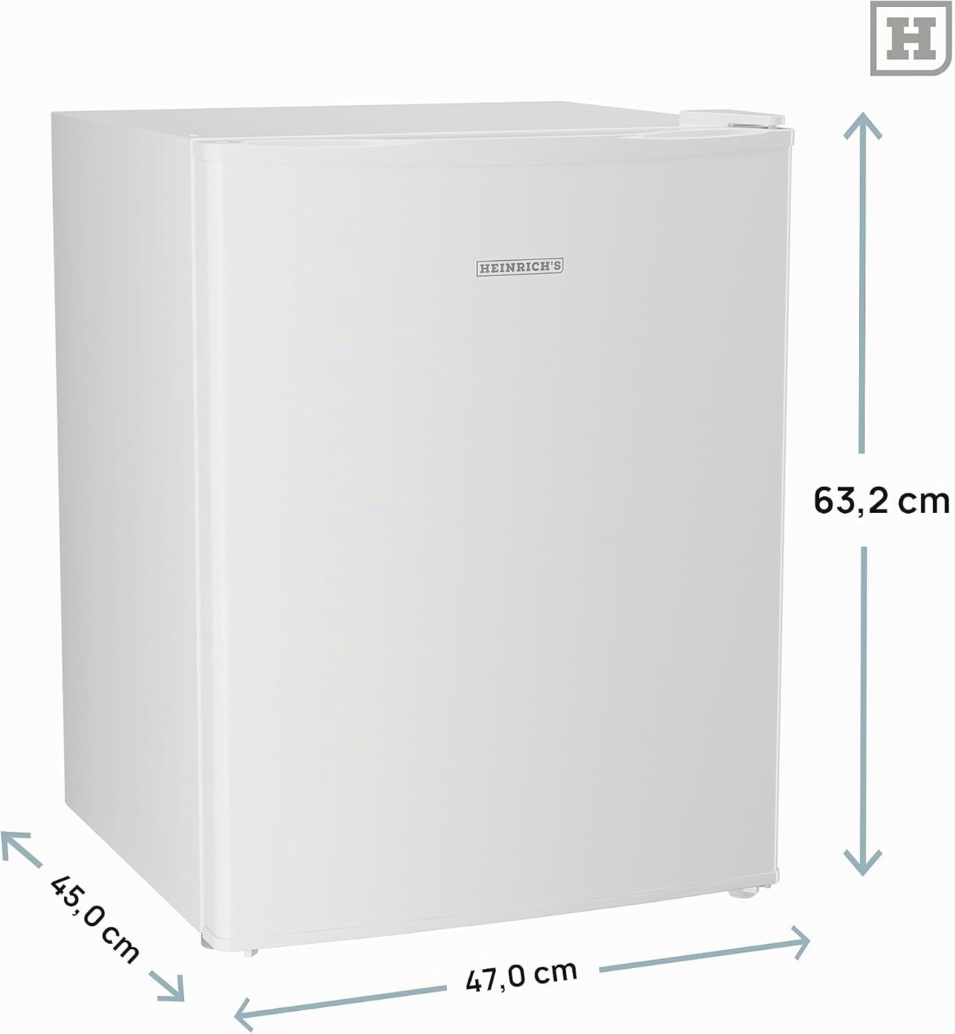 Kompakter weißer Minikühlschrank mit Maßen 47 cm Breite, 45 cm Tiefe und 63,2 cm Höhe.