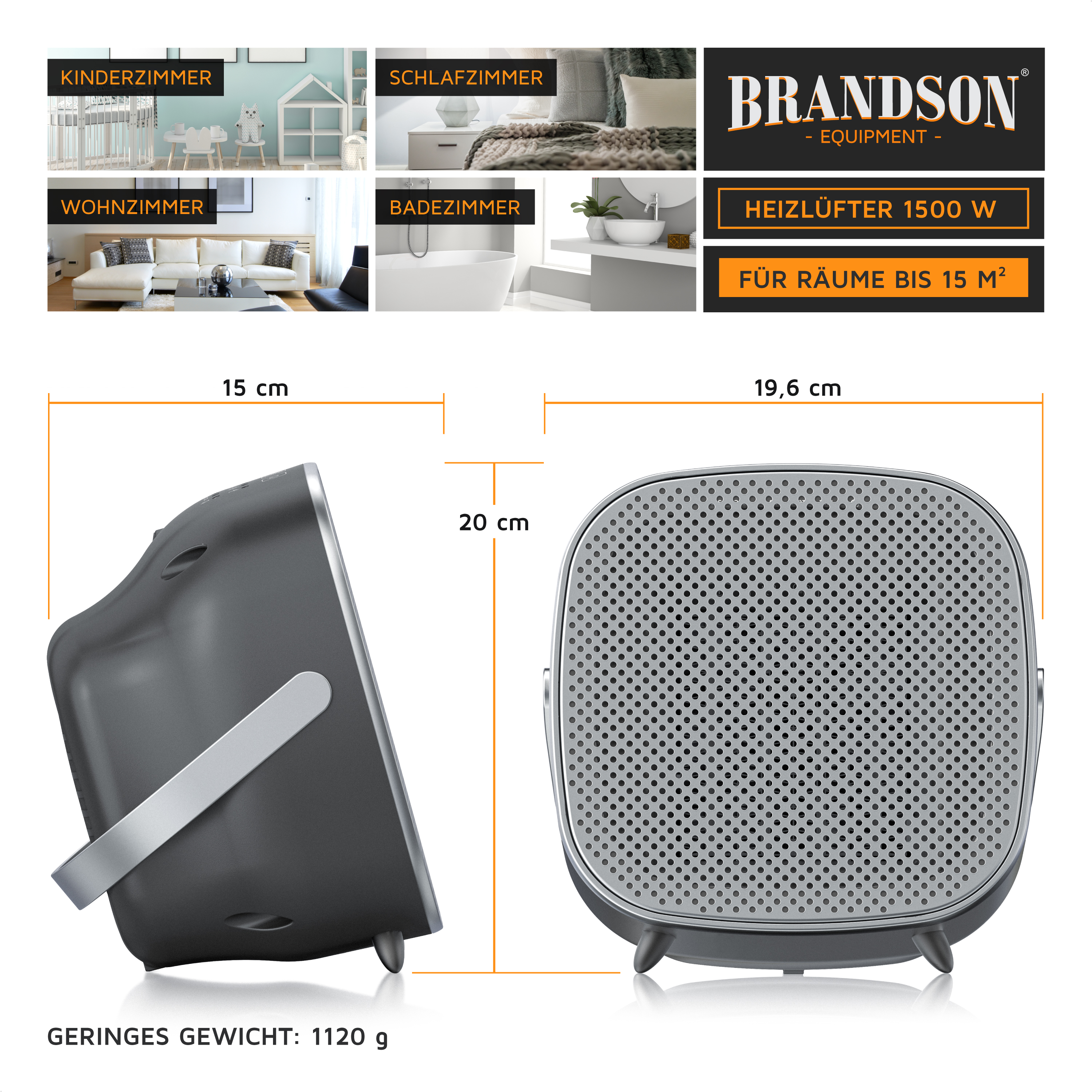Brandson 1500W Heizlüfter mit Maßangaben im Profil und von vorne, Gewicht 1120g, und Anwendungsbeispielen.