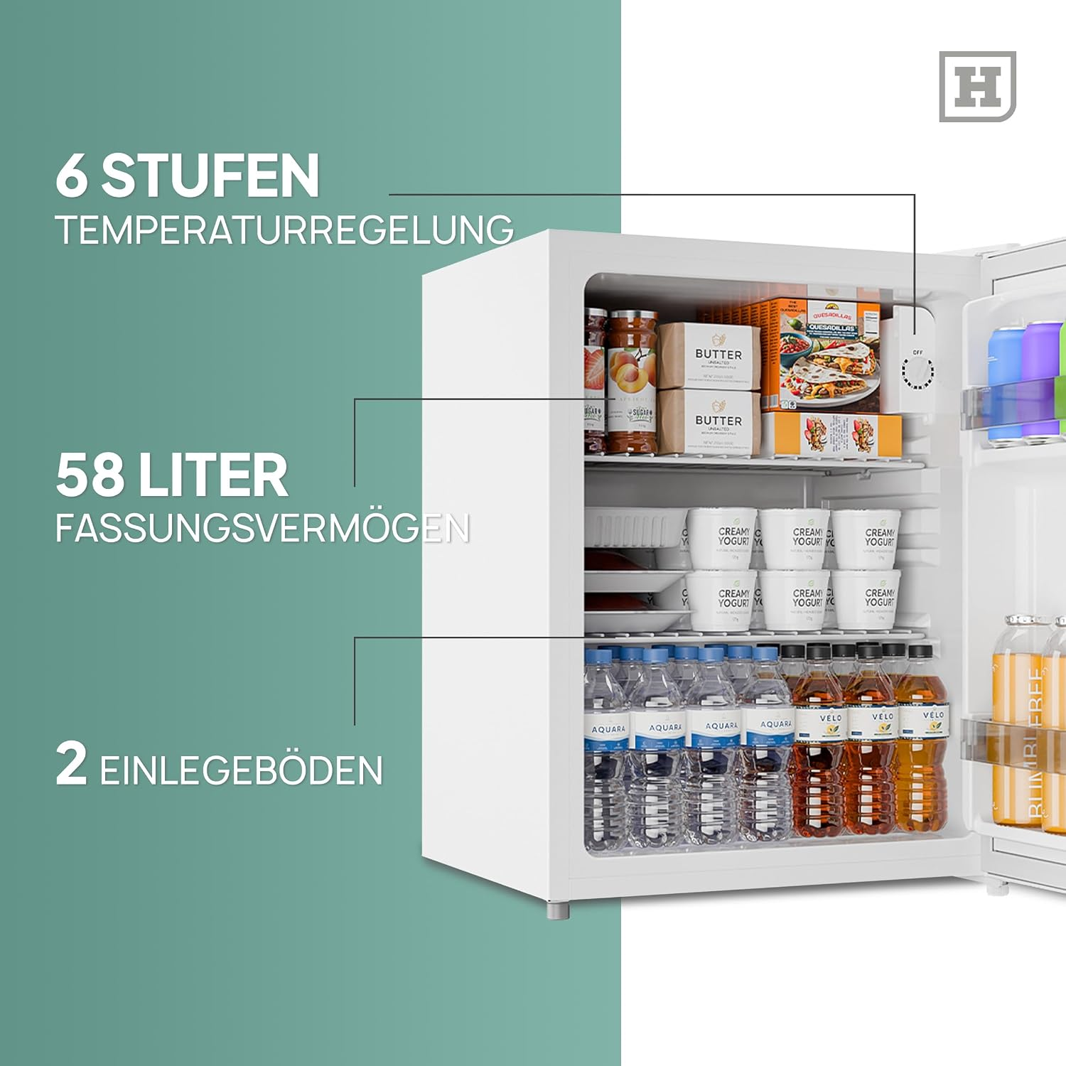 Kleiner weißer Kühlschrank mit Lebensmitteln, 58 Liter Fassungsvermögen und Temperaturregelung.
