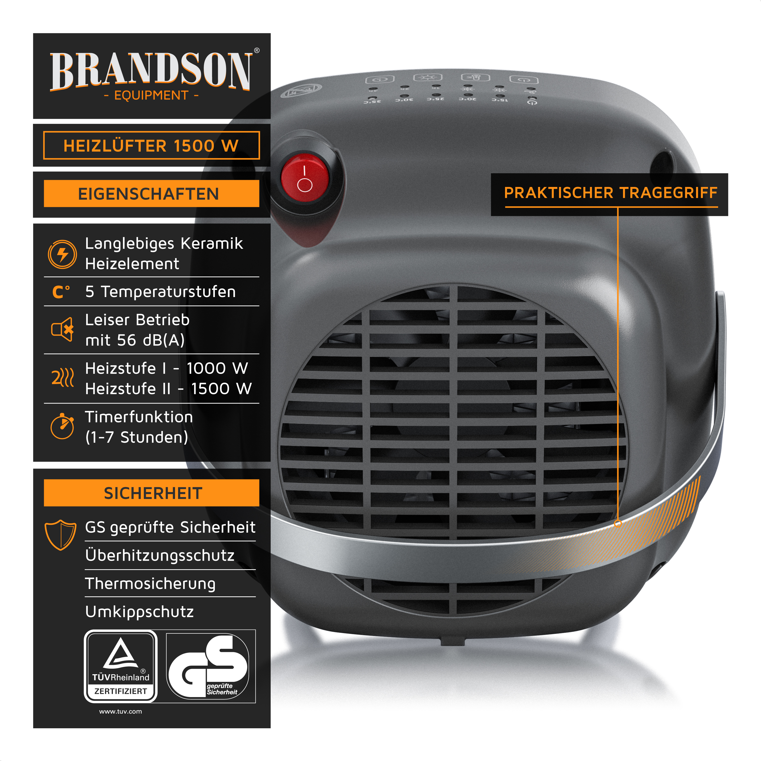 Grauer Brandson 1500W Heizlüfter mit rotem Schalter, Tragegriff und Merkmalen auf der linken Seite.