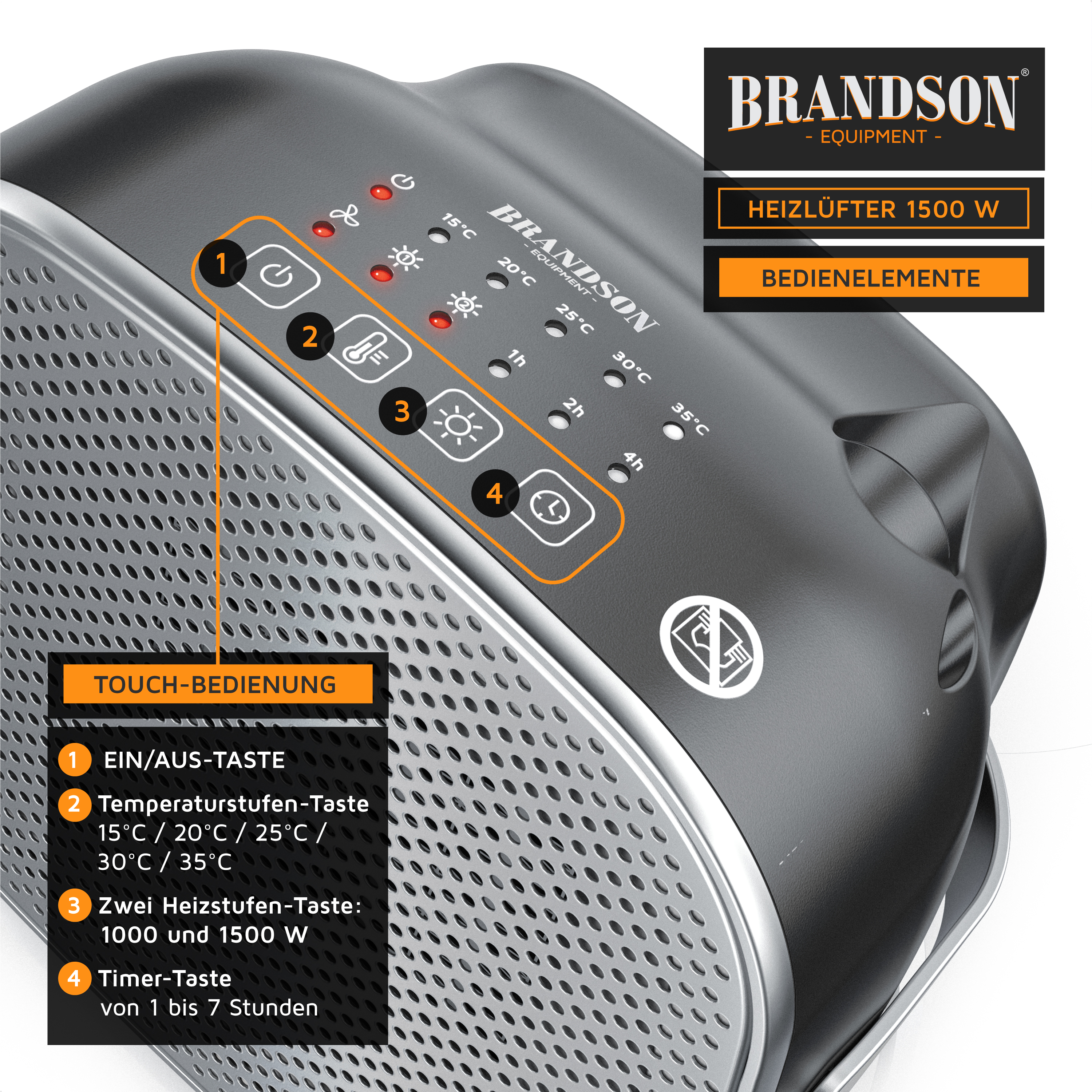 Bedienfeld eines schwarzen Brandson 1500W Heizlüfters mit Touch-Tasten für Ein/Aus, Temperatur, Heizstufen und Timer.