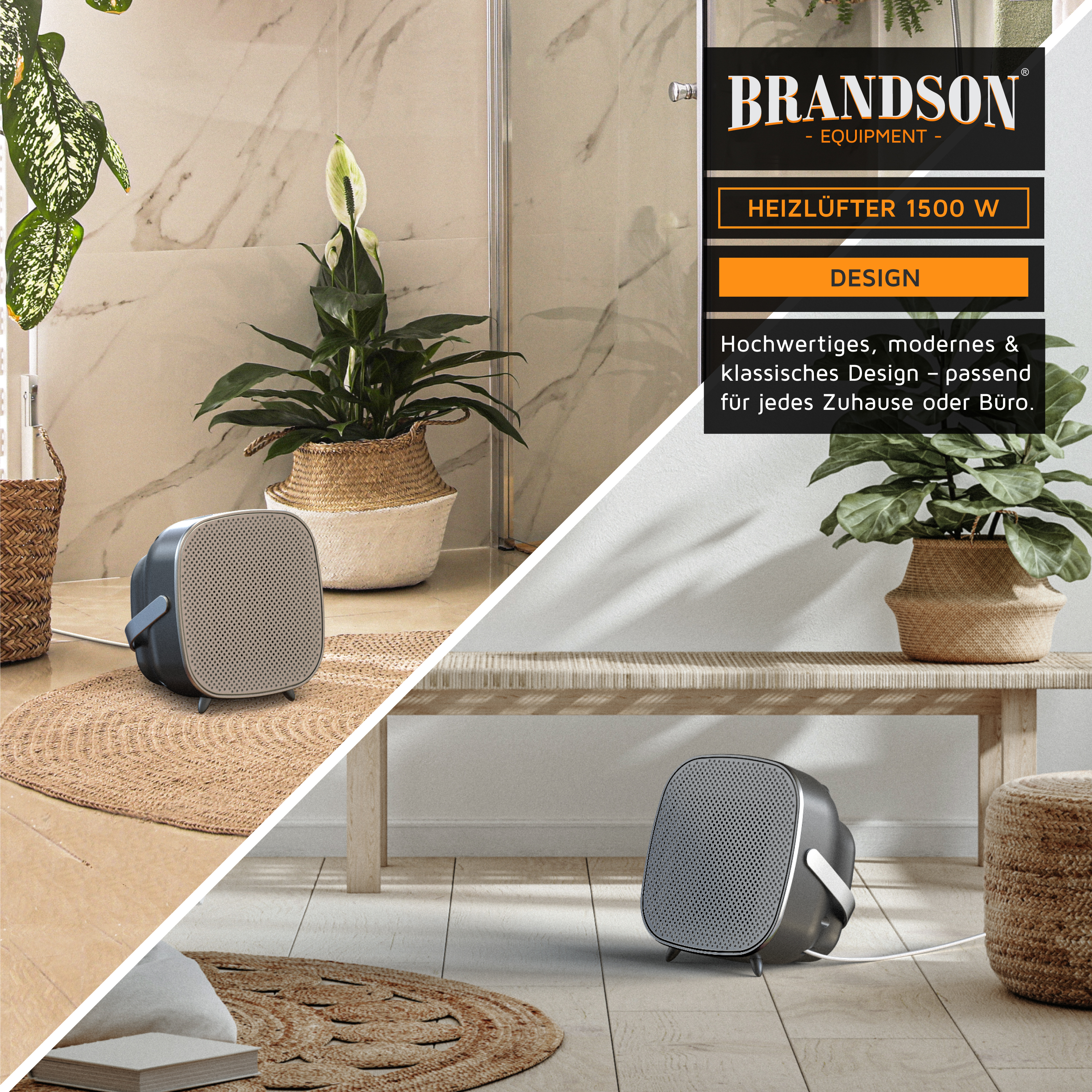 Moderne graue 1500W Heizlüfter von Brandson in verschiedenen hellen Wohnräumen.