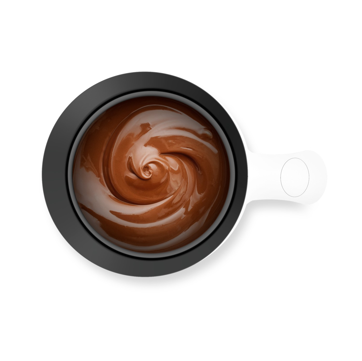 Vista cenital de chocolate fundido arremolinado en una olla negra con asa blanca, aislado en blanco.
