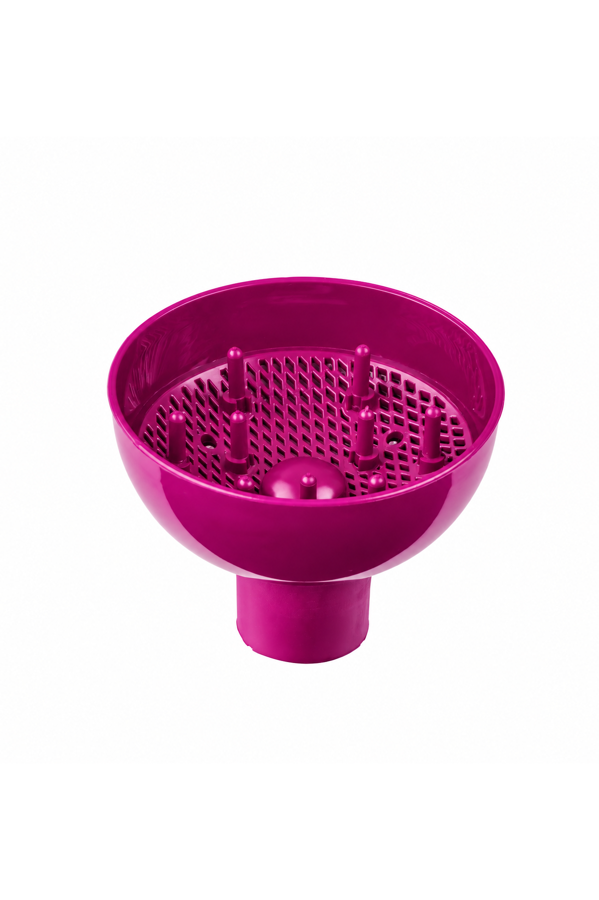 Beyaz arka planda ızgara ve dikey çubuklara sahip magenta renkli saç kurutma makinesi difüzörü.