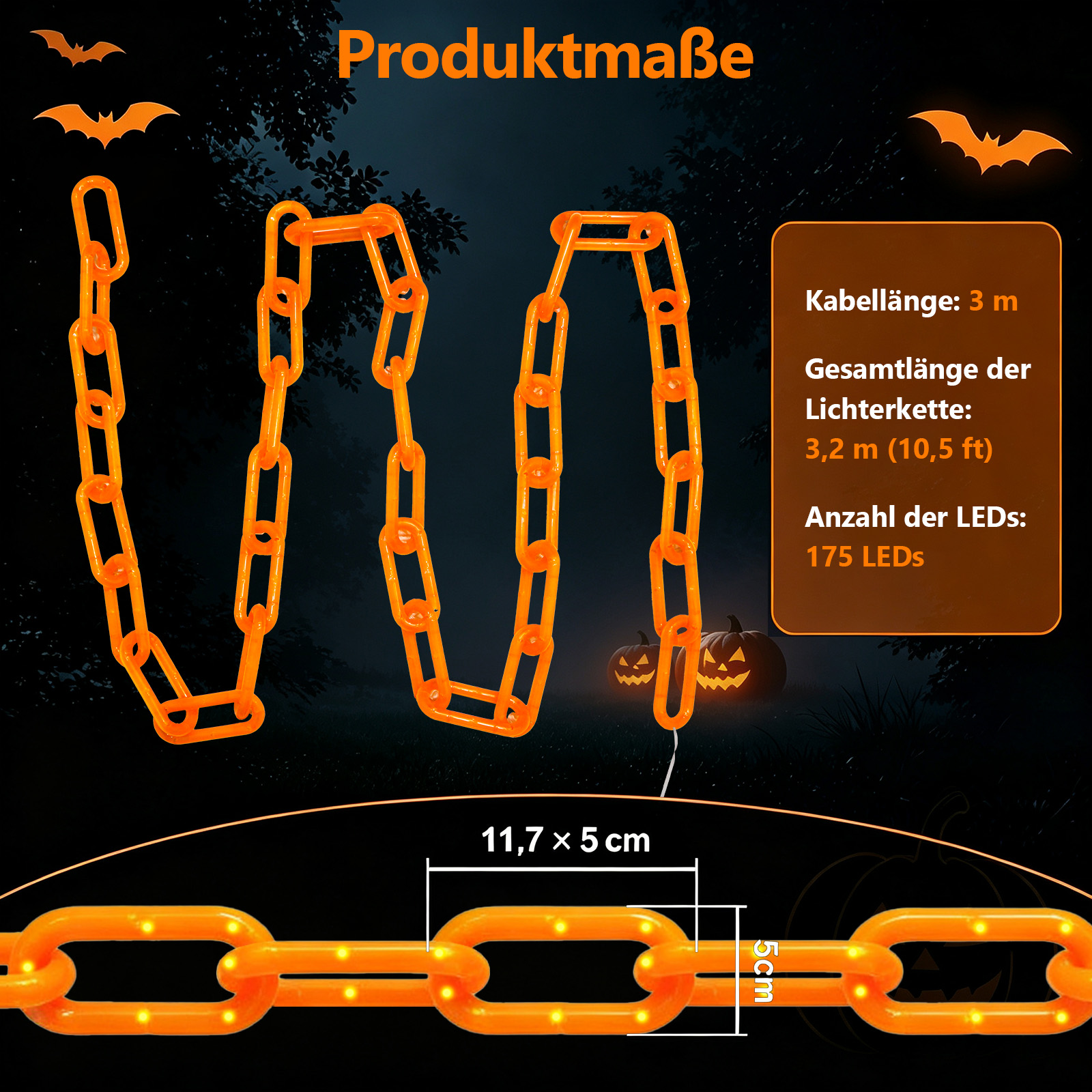 Oranger Halloween-Lichterketten-Kettenglieder mit Maßangaben vor dunklem Hintergrund.