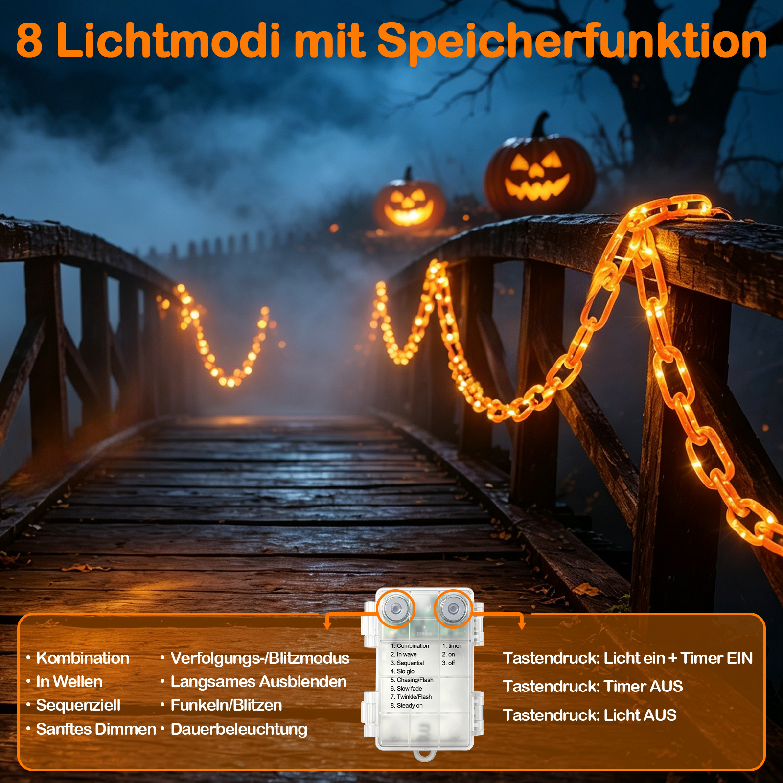 Eine hölzerne Brücke mit Halloween-Leuchtkette, beleuchteten Kürbissen und Texttafeln.
