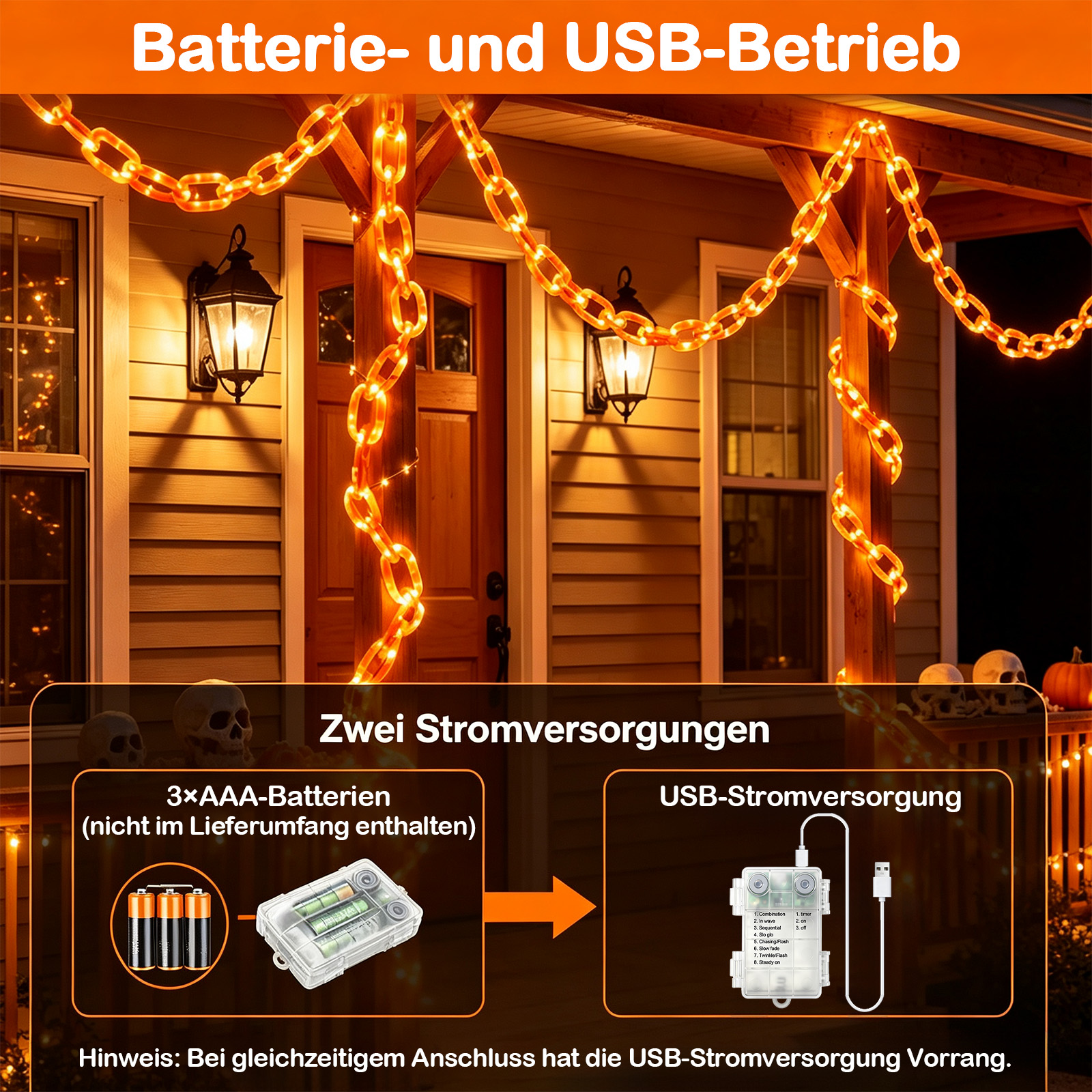 Orangene Lichterkette an einer Veranda mit Batterie- und USB-Stromversorgung.