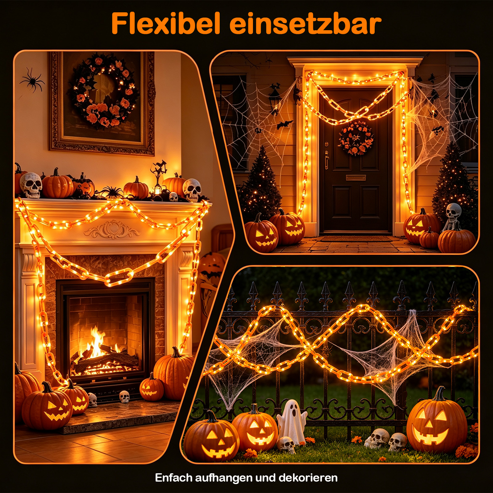 Halloween-Dekoration mit beleuchteten Ketten, Kürbissen und Spinnweben an Kamin, Tür und Zaun.