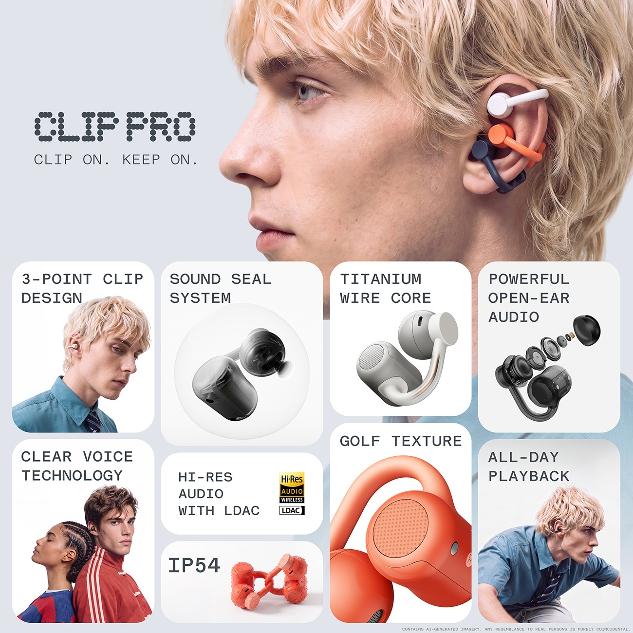 Produktwerbung für Clip Pro Kopfhörer mit verschiedenen Features wie 3-Punkt-Clip-Design und Hi-Res Audio.