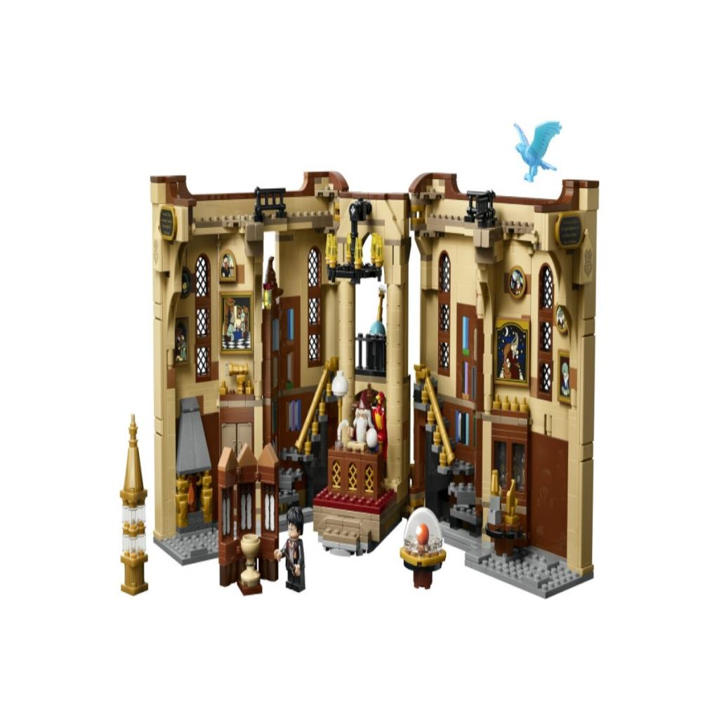 Minifigürler ve mavi kuş içeren Lego Harry Potter Hogwarts şatosu iç mekan seti.