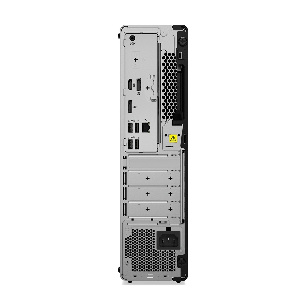 Rückseite eines Desktop-PCs mit verschiedenen Anschlüssen, USB-Ports, HDMI und Stromversorgung.