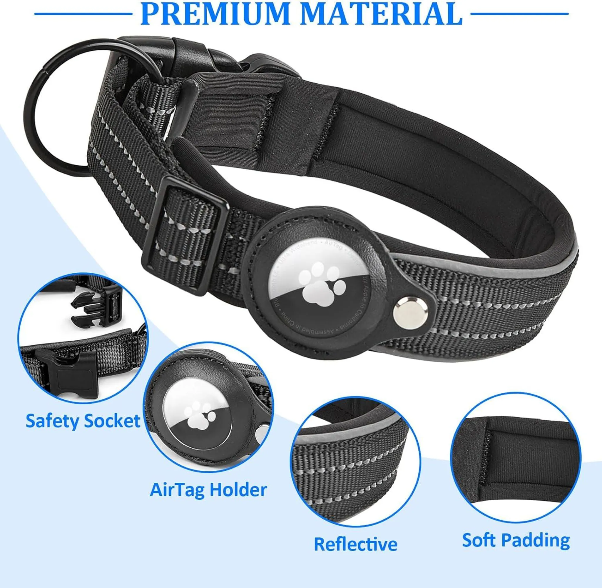 Schwarzes Hunde-Halsband mit AirTag-Halter, reflektierenden Nähten und Sicherheitsverschluss.