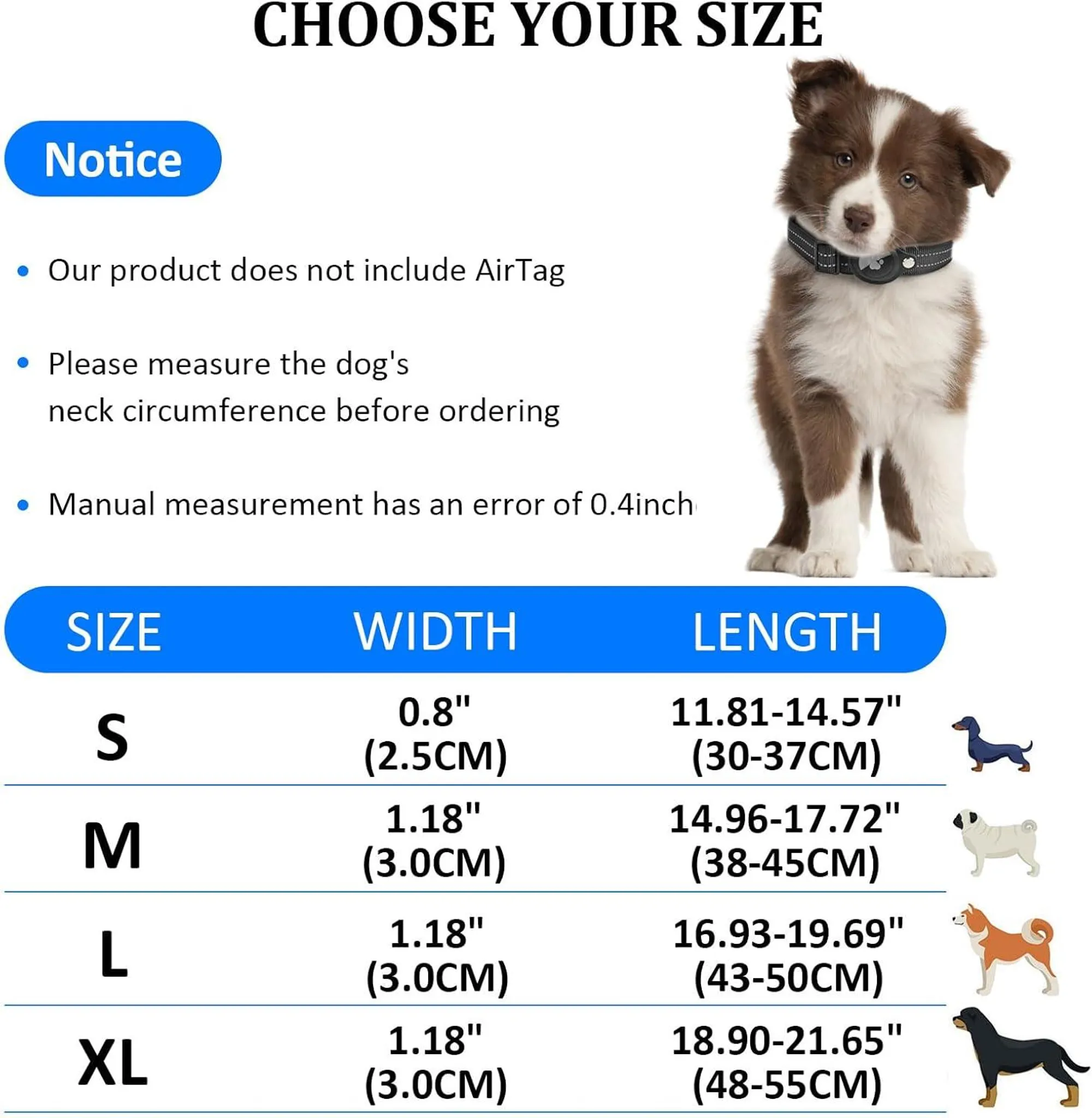 Größentabelle für Hundehalsbänder mit Maßen für S bis XL und einem braun-weißen Hund.
