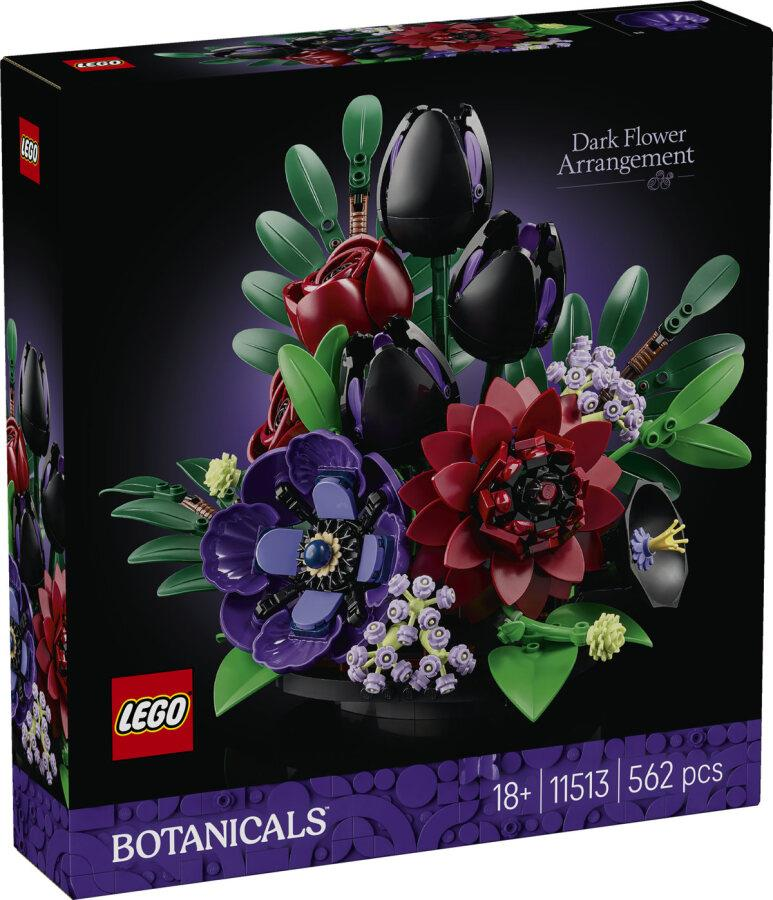 Pudełko Lego Botanicals Ciemna kompozycja kwiatowa z modelem czarnych, fioletowych i czerwonych kwiatów.