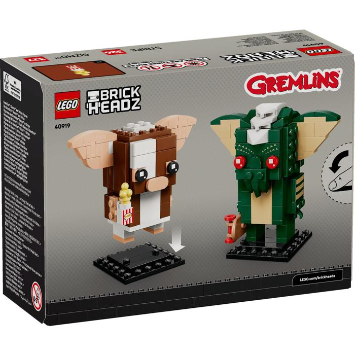 Gizmo ve Stripe figürlerini içeren LEGO BrickHeadz Gremlins set kutusu.