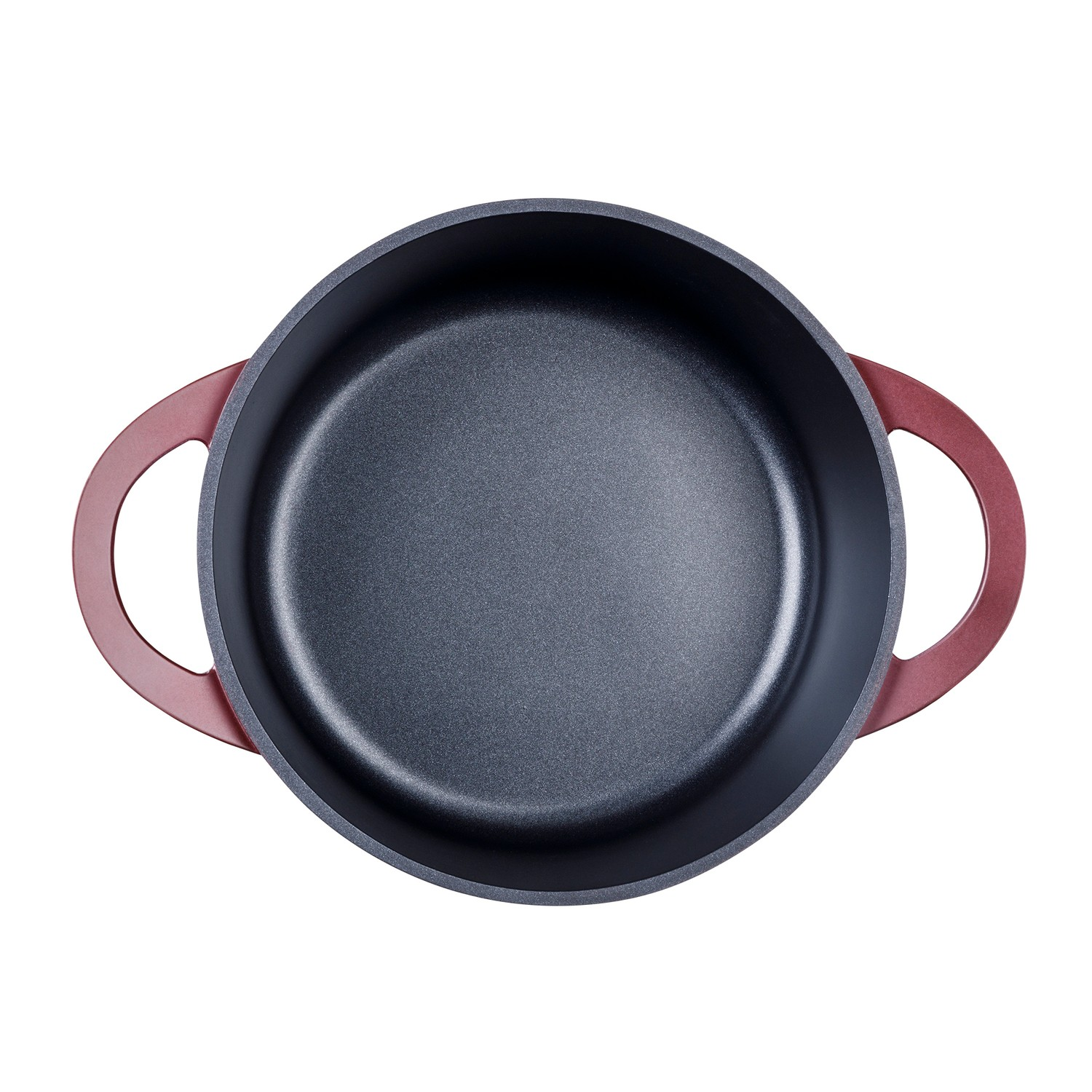 Vista superior de una olla de cocina gris oscura con asas rojas sobre fondo blanco.