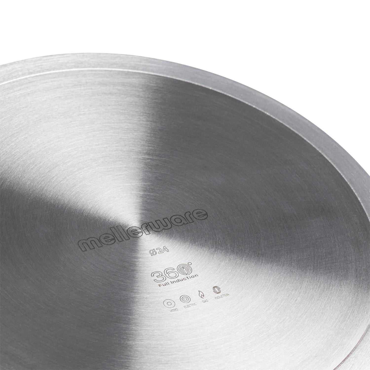 La parte inferior plateada de una sartén Mellerware con símbolos de inducción.