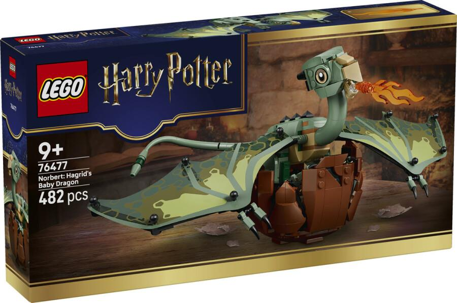 Kahverengi bir yumurtadan çıkan yeşil ejderhayı gösteren Lego Harry Potter Norbert Hagrid'in Bebek Ejderhası seti kutusu.