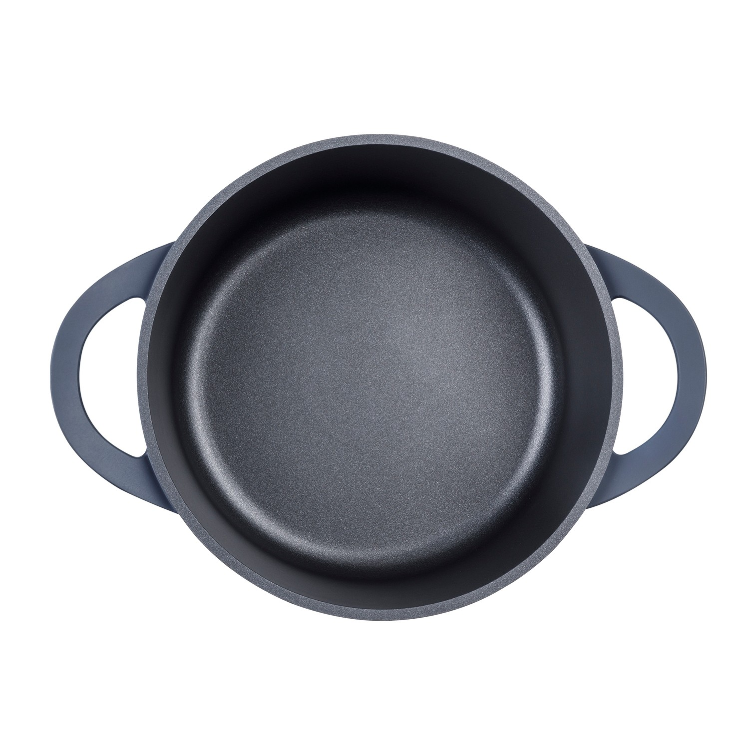 Vista superior de una olla de cocina gris oscura con dos asas laterales sobre fondo blanco.