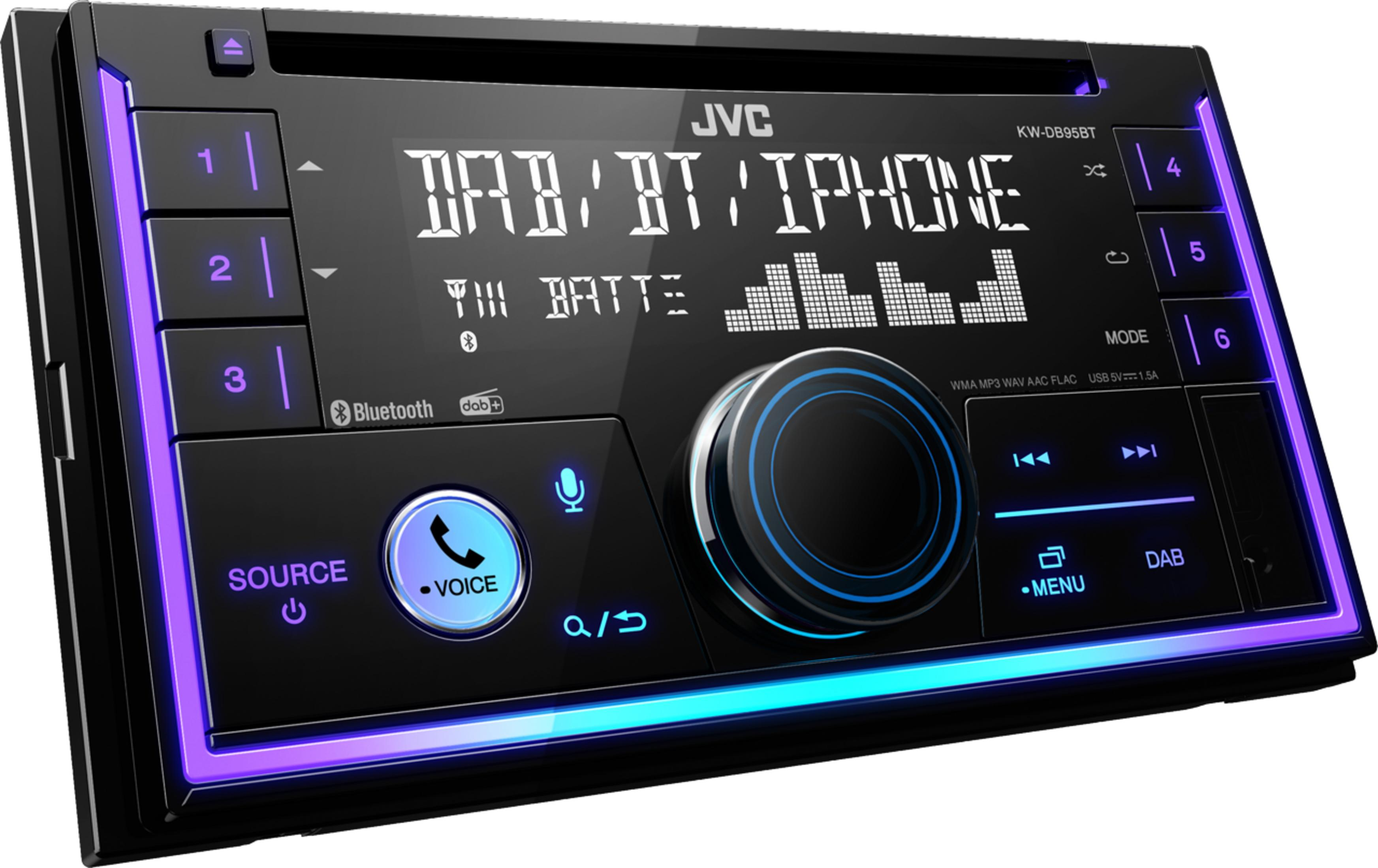 Un autoradio JVC con corpo nero, pulsanti illuminati di blu e un display che mostra DAB, BT e iPhone.
