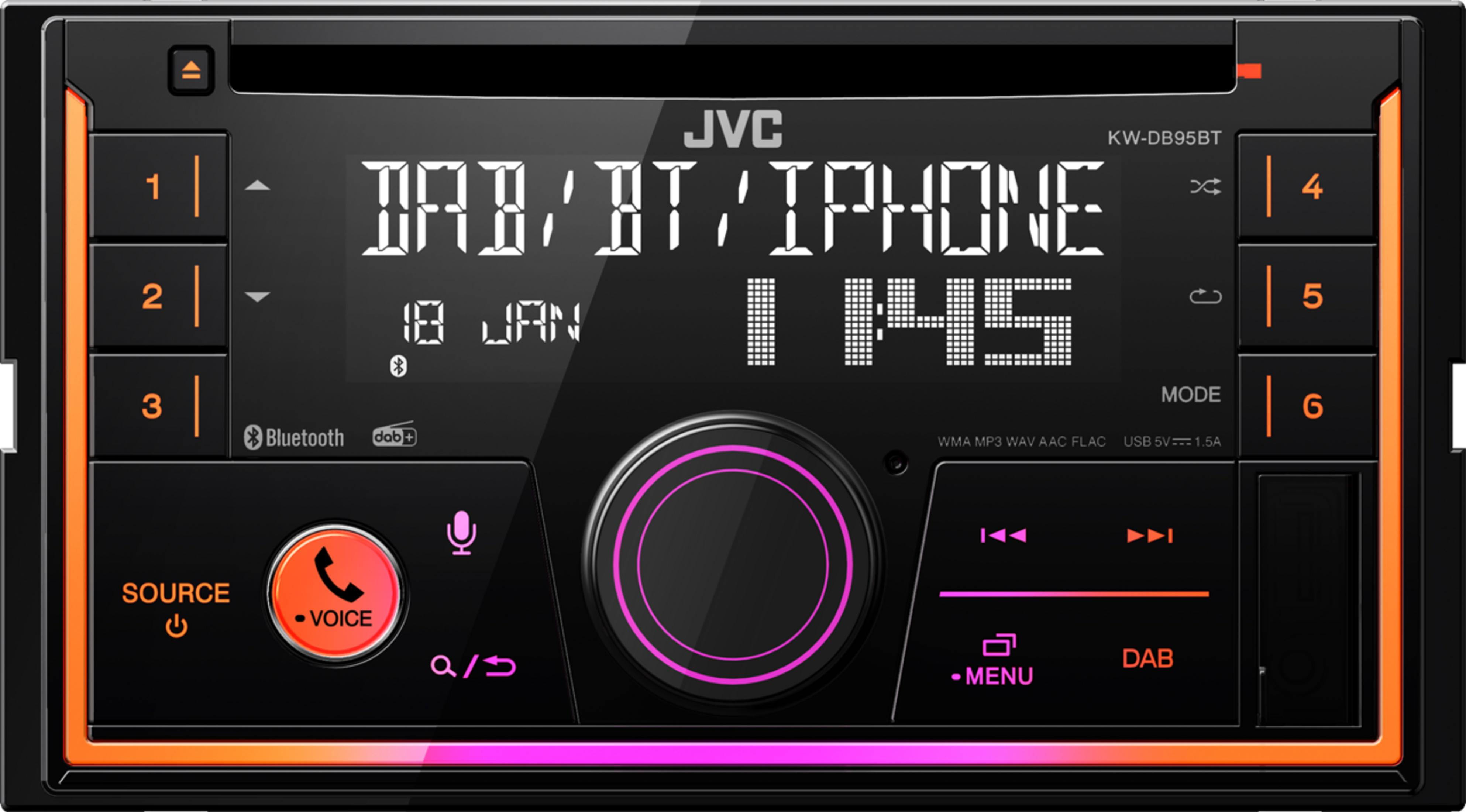 Un'autoradio JVC nera con display digitale che mostra DAB, BT e iPhone, circondata da pulsanti arancioni illuminati.