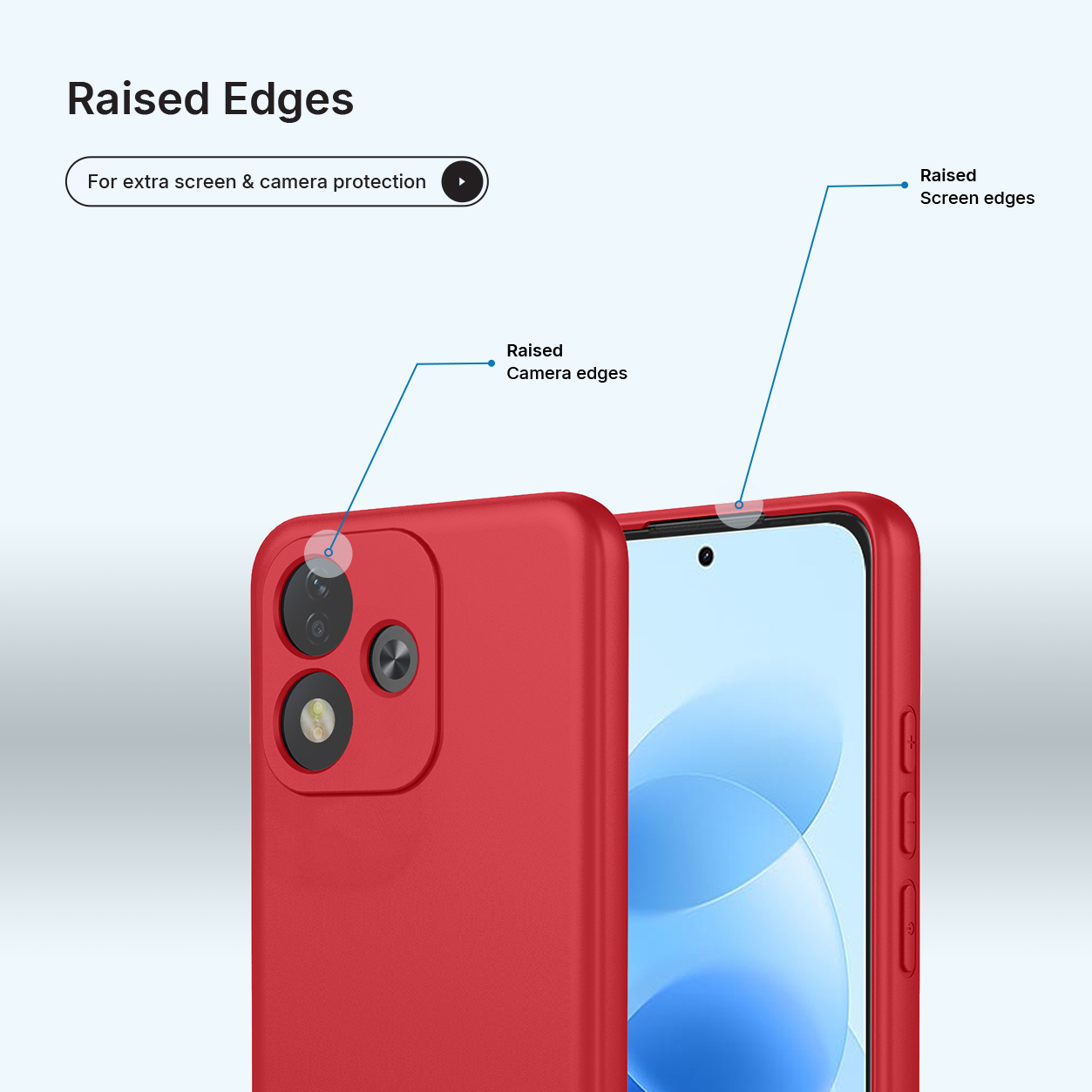 Coque de téléphone rouge soulignant les bords surélevés pour protéger l'écran et l'appareil photo.