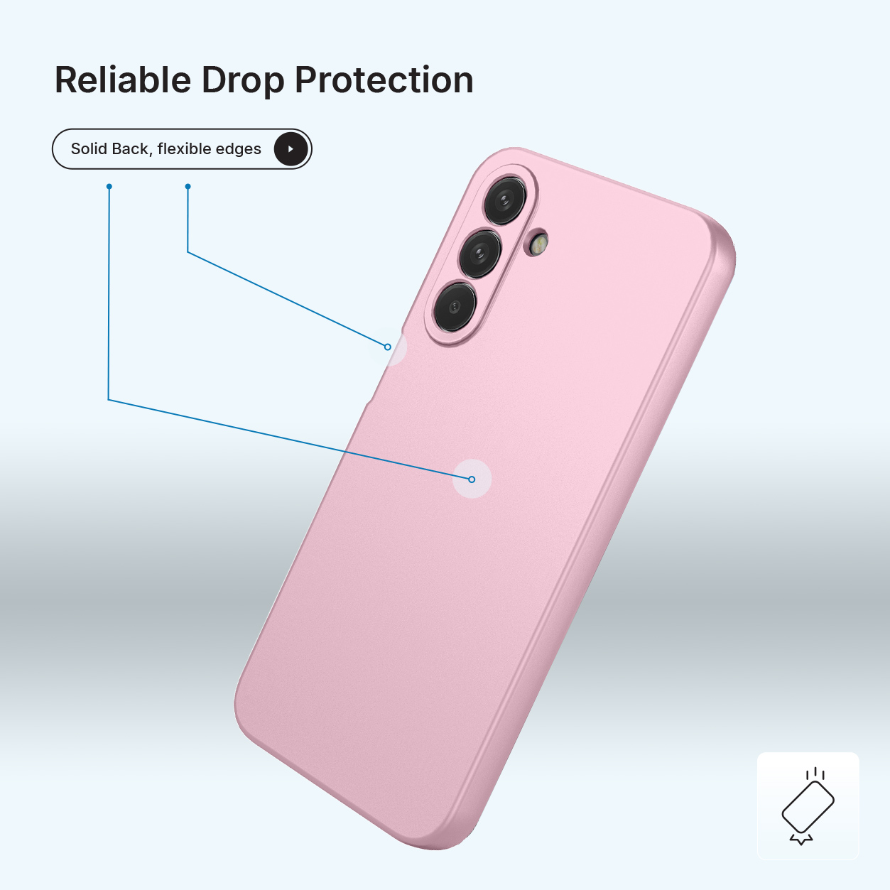 Roze smartphone in beschermhoes met tekst en lijnen op een grijze achtergrond.