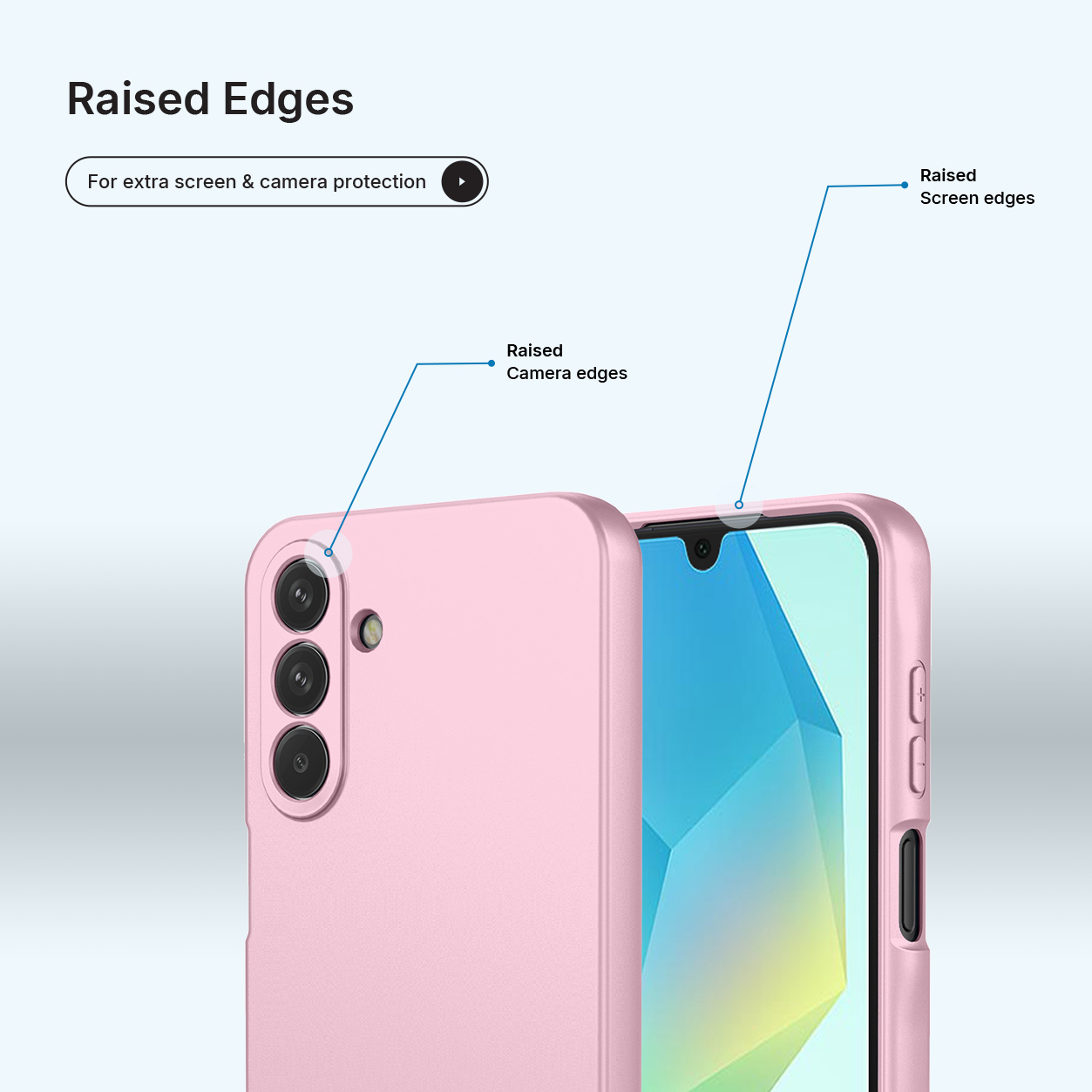 Roze telefoonhoesje met verhoogde randen voor scherm- en camerabescherming.