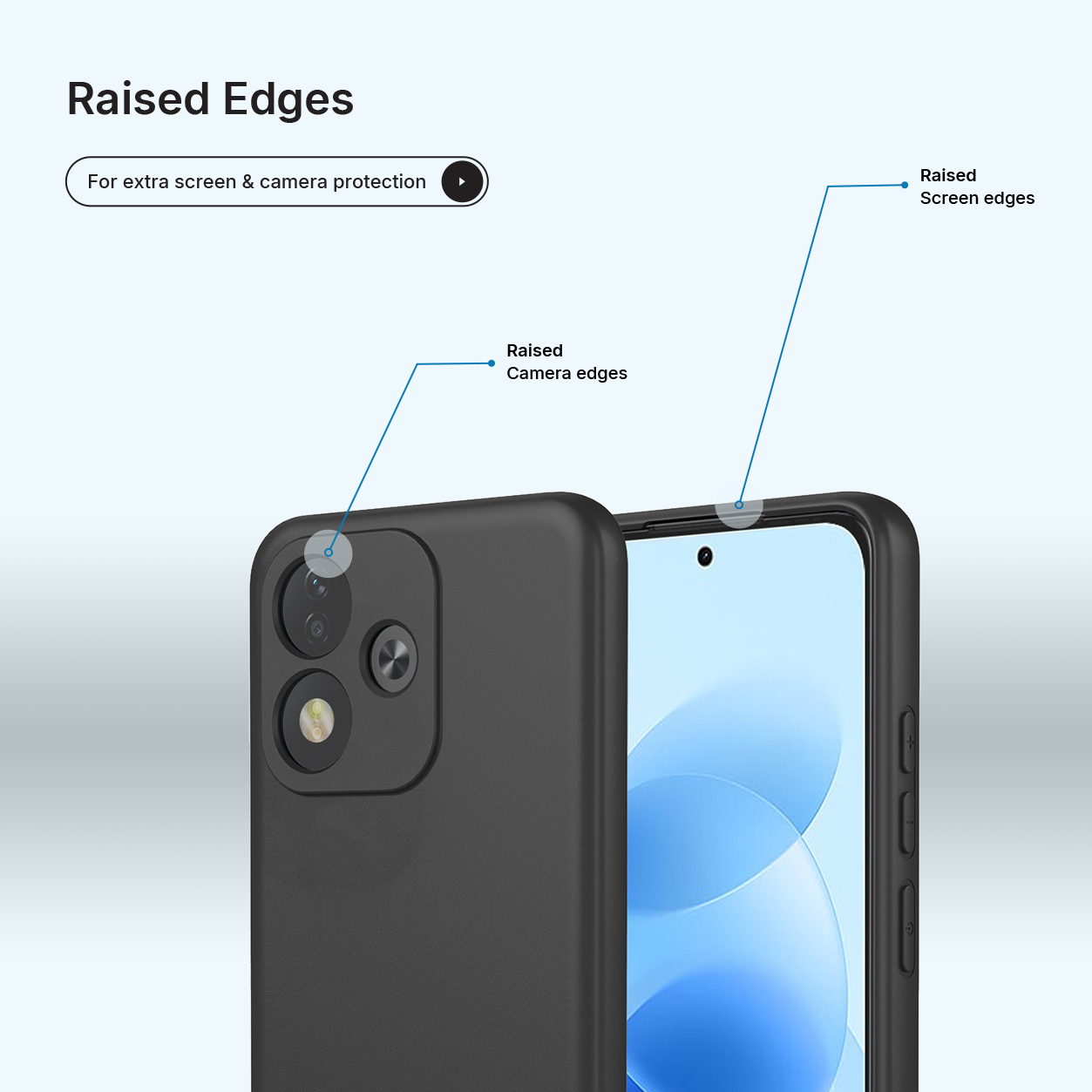 Smartphone dans une coque noire avec des bords surélevés pour protéger l'appareil photo et l'écran.