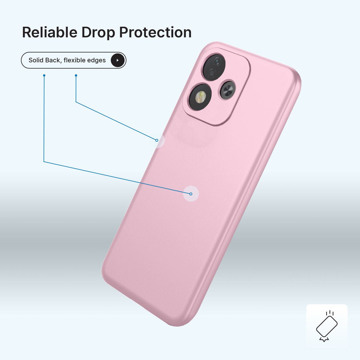 Un smartphone rose avec protection contre les chutes mise en valeur par des lignes bleues.