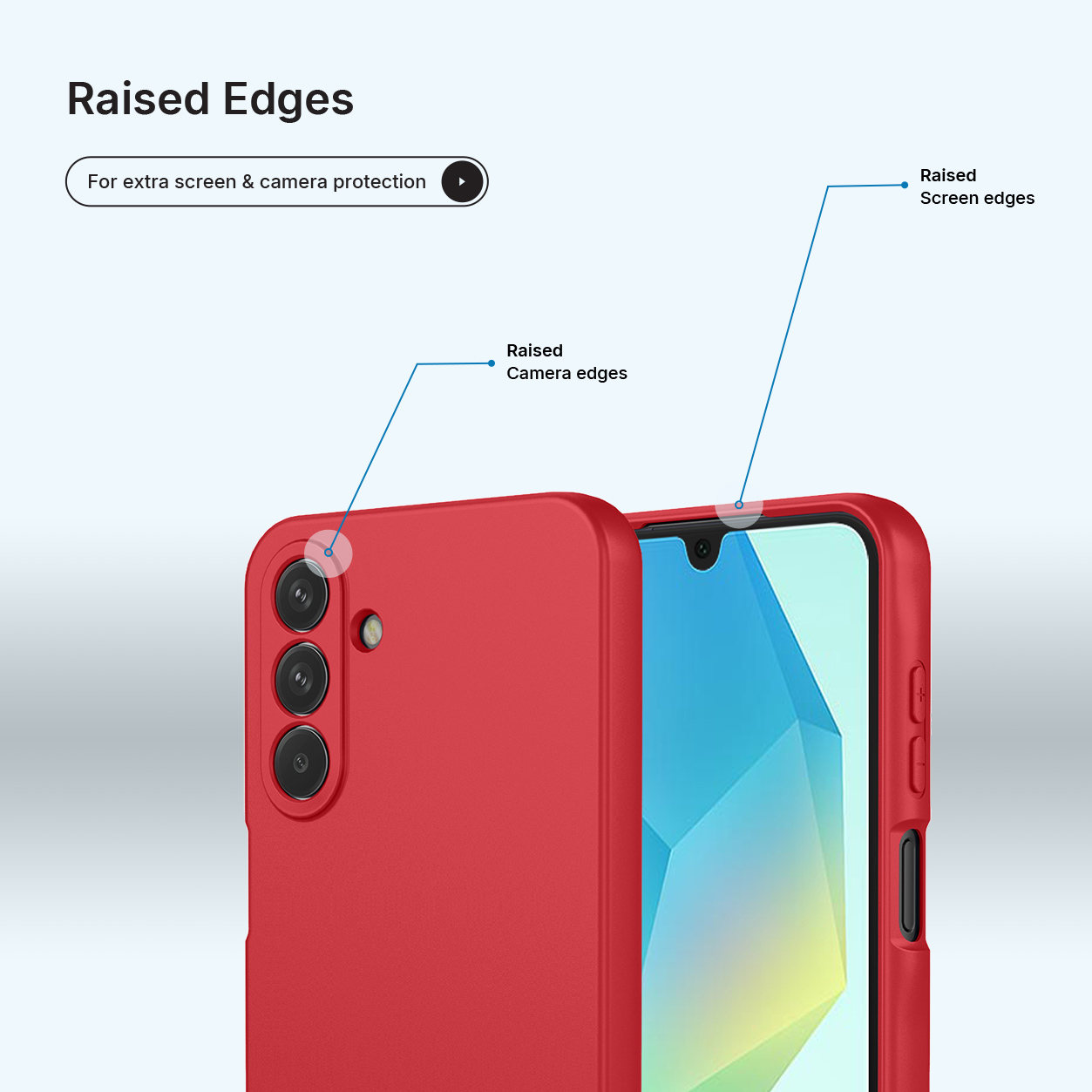 Rode smartphonehoes met verhoogde randen voor camera- en schermbescherming.