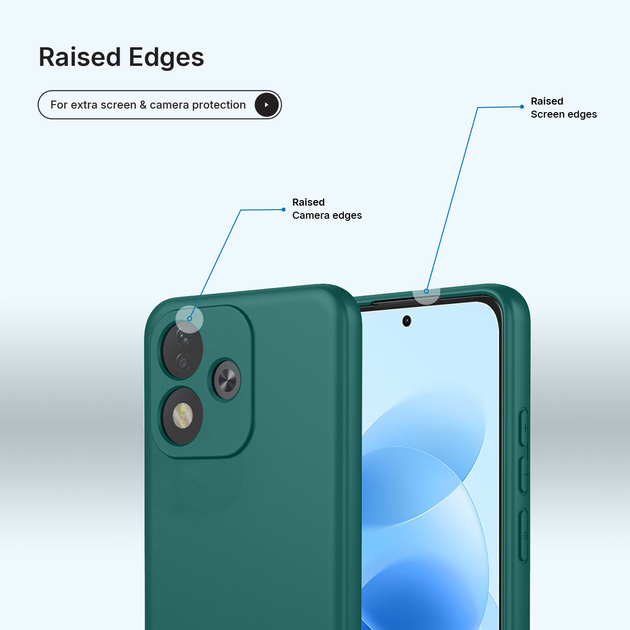 Une coque de smartphone verte met en valeur les bords surélevés protégeant l'appareil photo et l'écran.