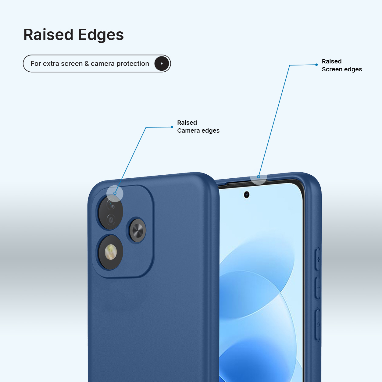 Une coque bleue montre des bords surélevés pour protéger l'écran et la caméra avec des lignes.